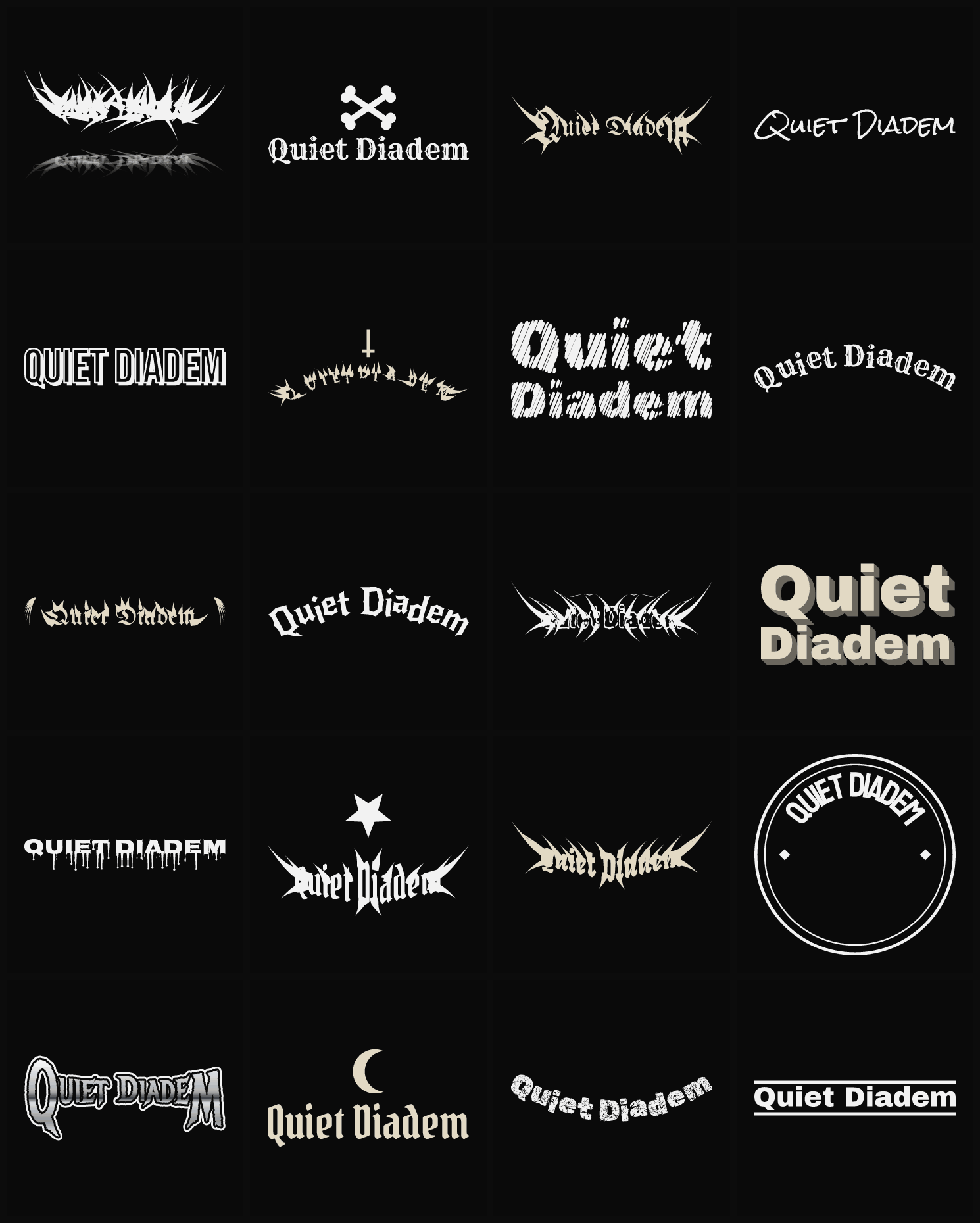 Twenty Quiet Diadem band logo ideas — different faces, treatments and spike settings