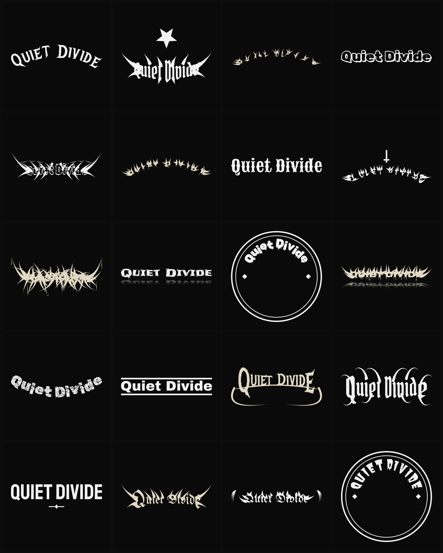 Twenty Quiet Divide band logo ideas — different faces, treatments and spike settings