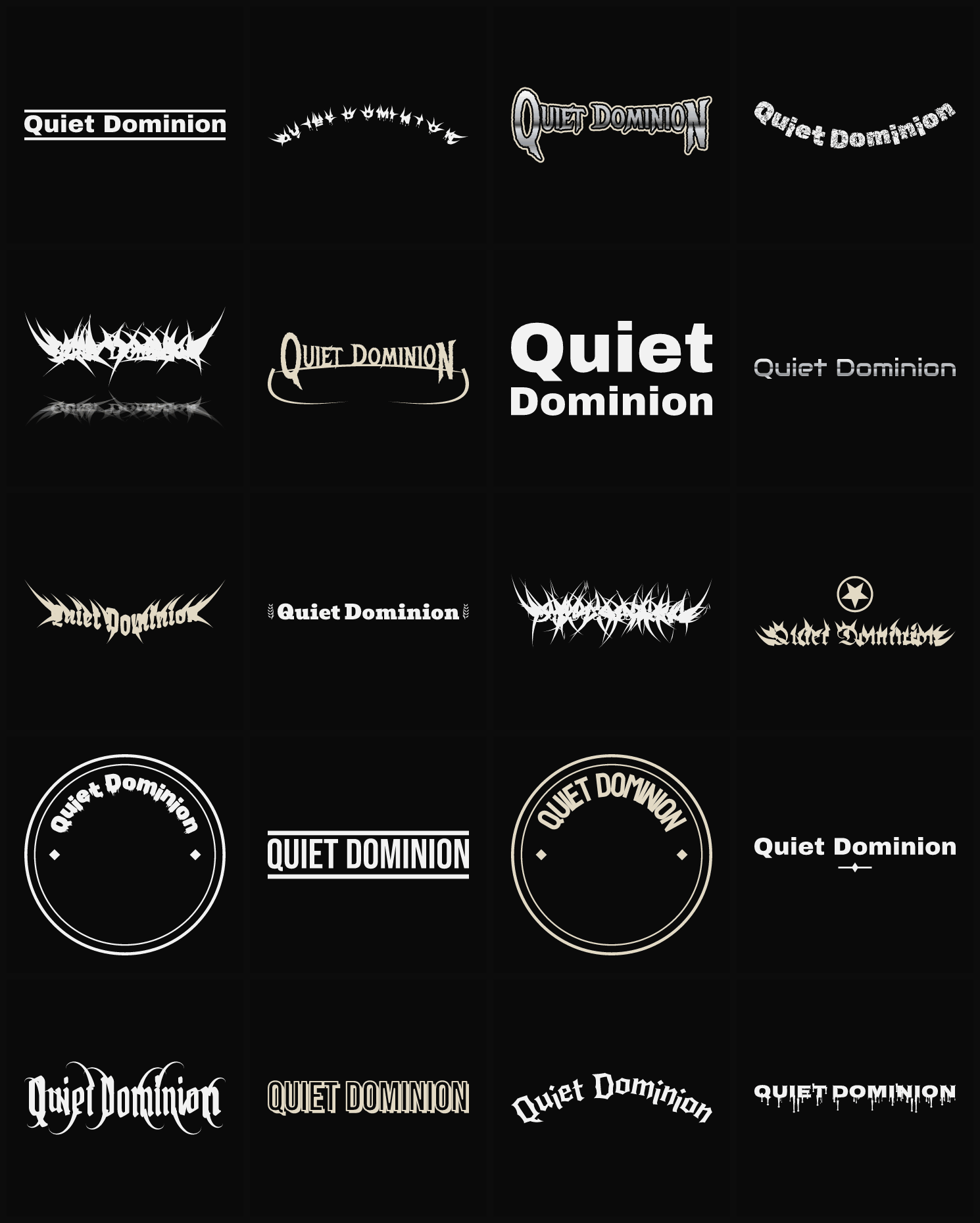 Twenty Quiet Dominion band logo ideas — different faces, treatments and spike settings