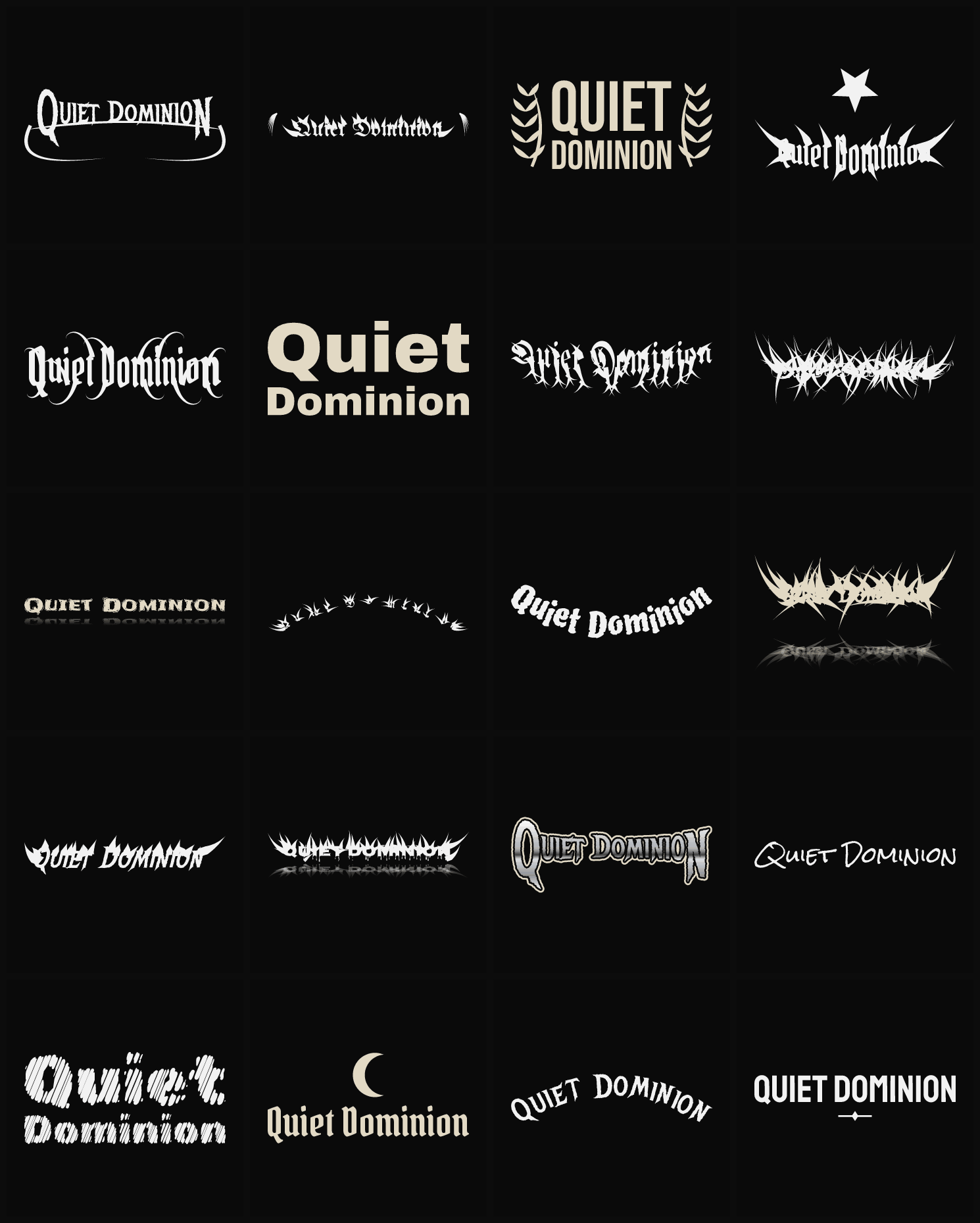 Twenty Quiet Dominion band logo ideas — different faces, treatments and spike settings