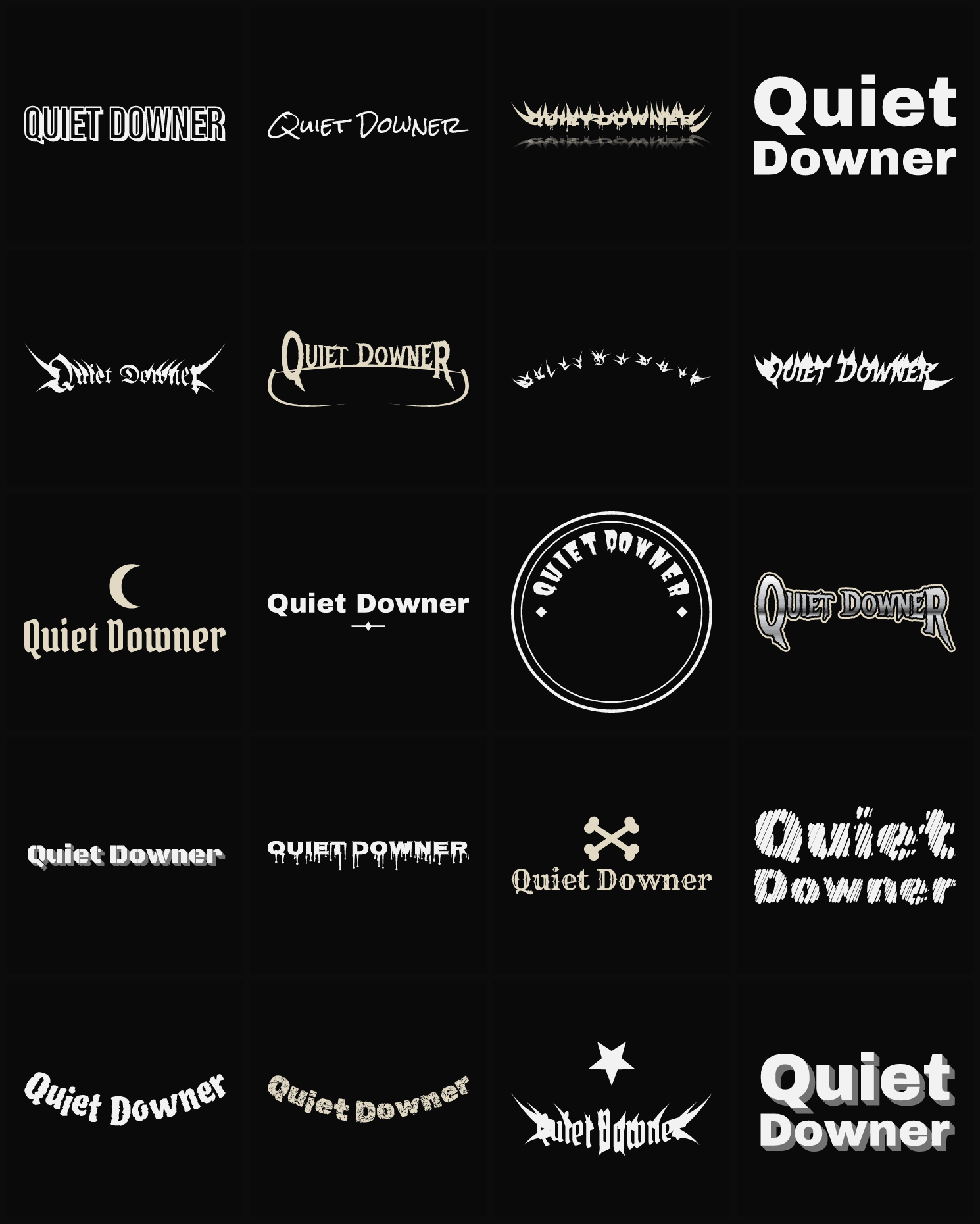 Twenty Quiet Downer band logo ideas — different faces, treatments and spike settings
