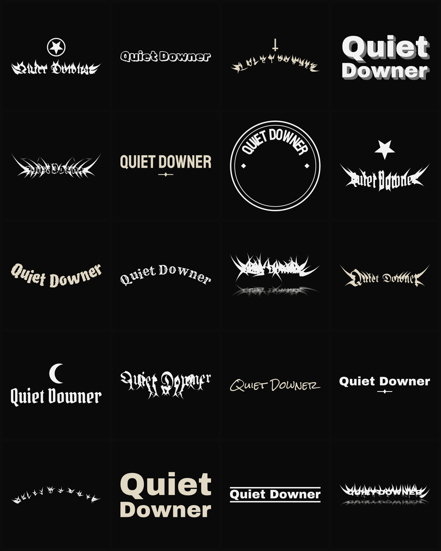 Twenty Quiet Downer band logo ideas — different faces, treatments and spike settings