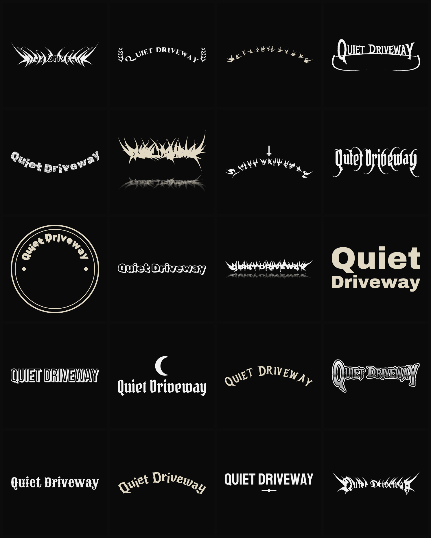 Twenty Quiet Driveway band logo ideas — different faces, treatments and spike settings