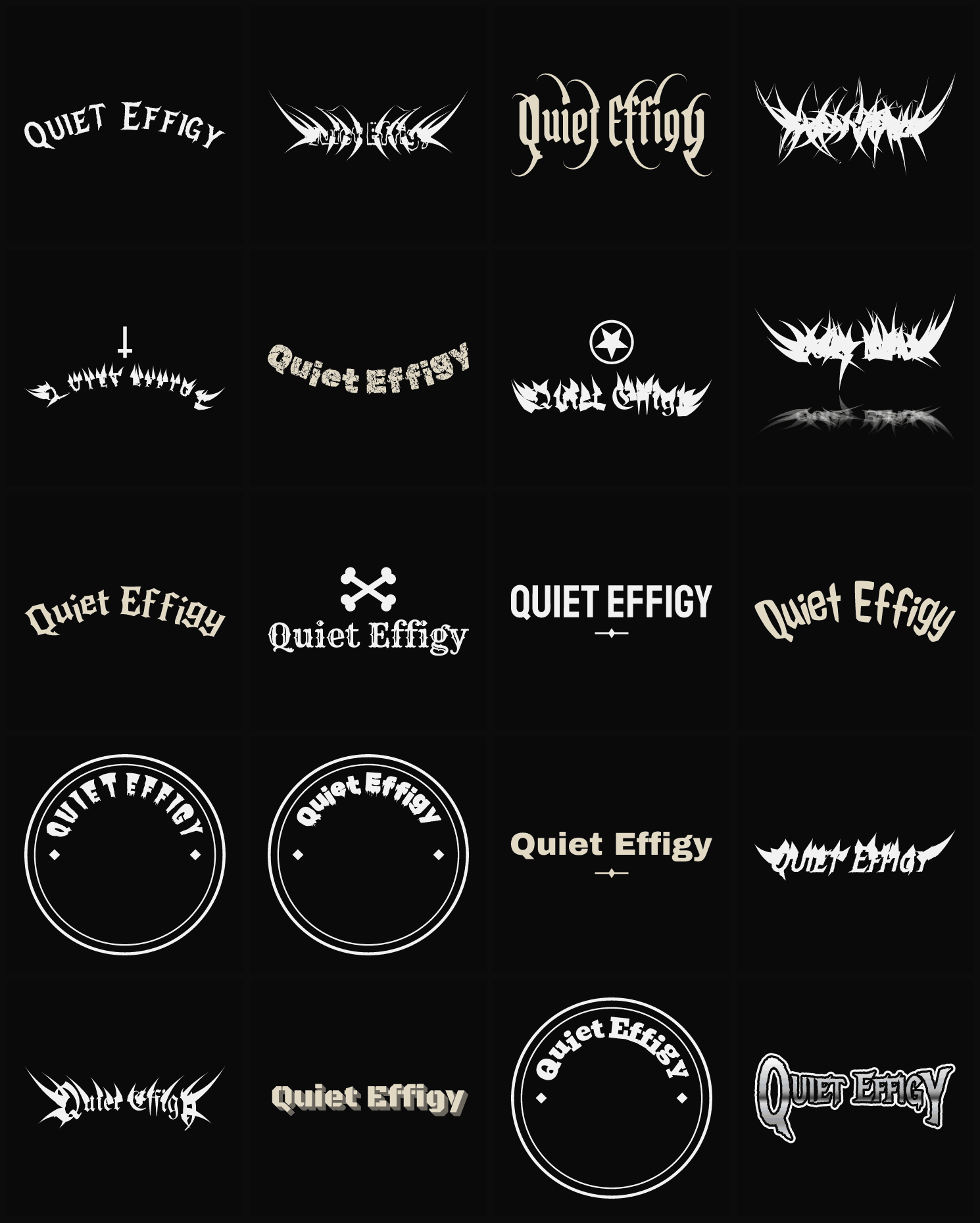 Twenty Quiet Effigy band logo ideas — different faces, treatments and spike settings