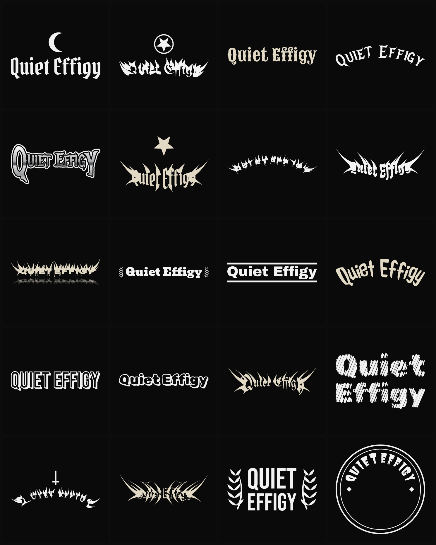 Twenty Quiet Effigy band logo ideas — different faces, treatments and spike settings