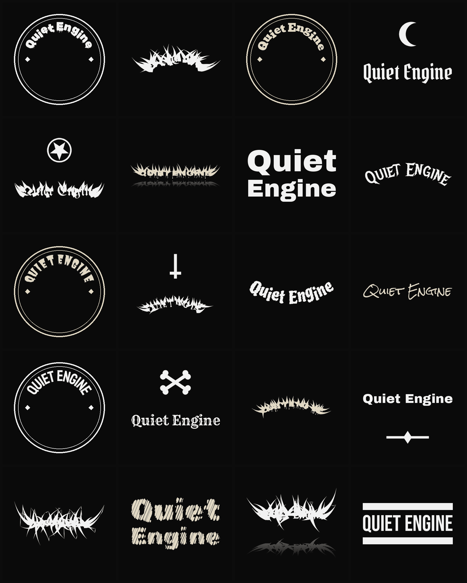 Twenty Quiet Engine band logo ideas — different faces, treatments and spike settings