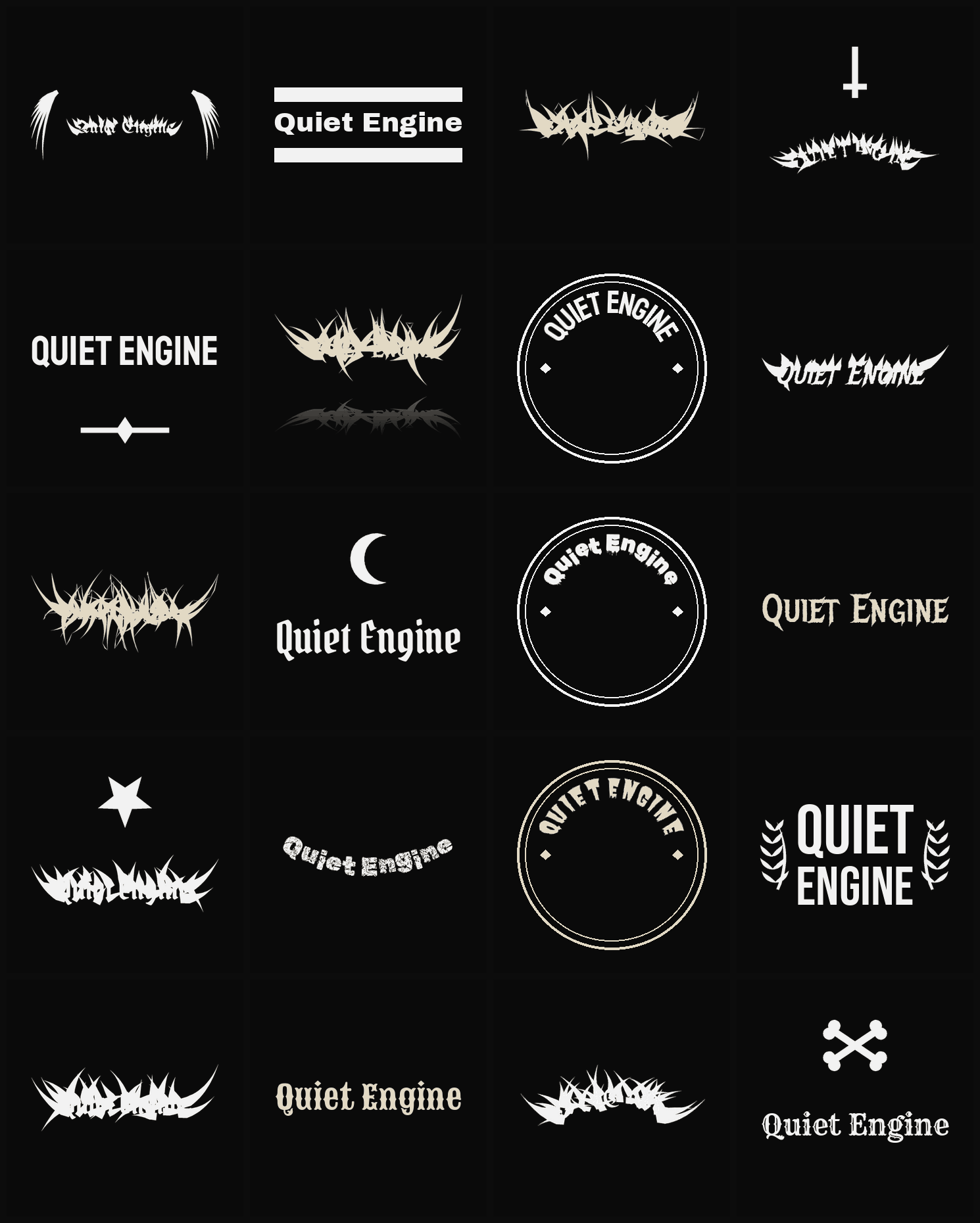 Twenty Quiet Engine band logo ideas — different faces, treatments and spike settings