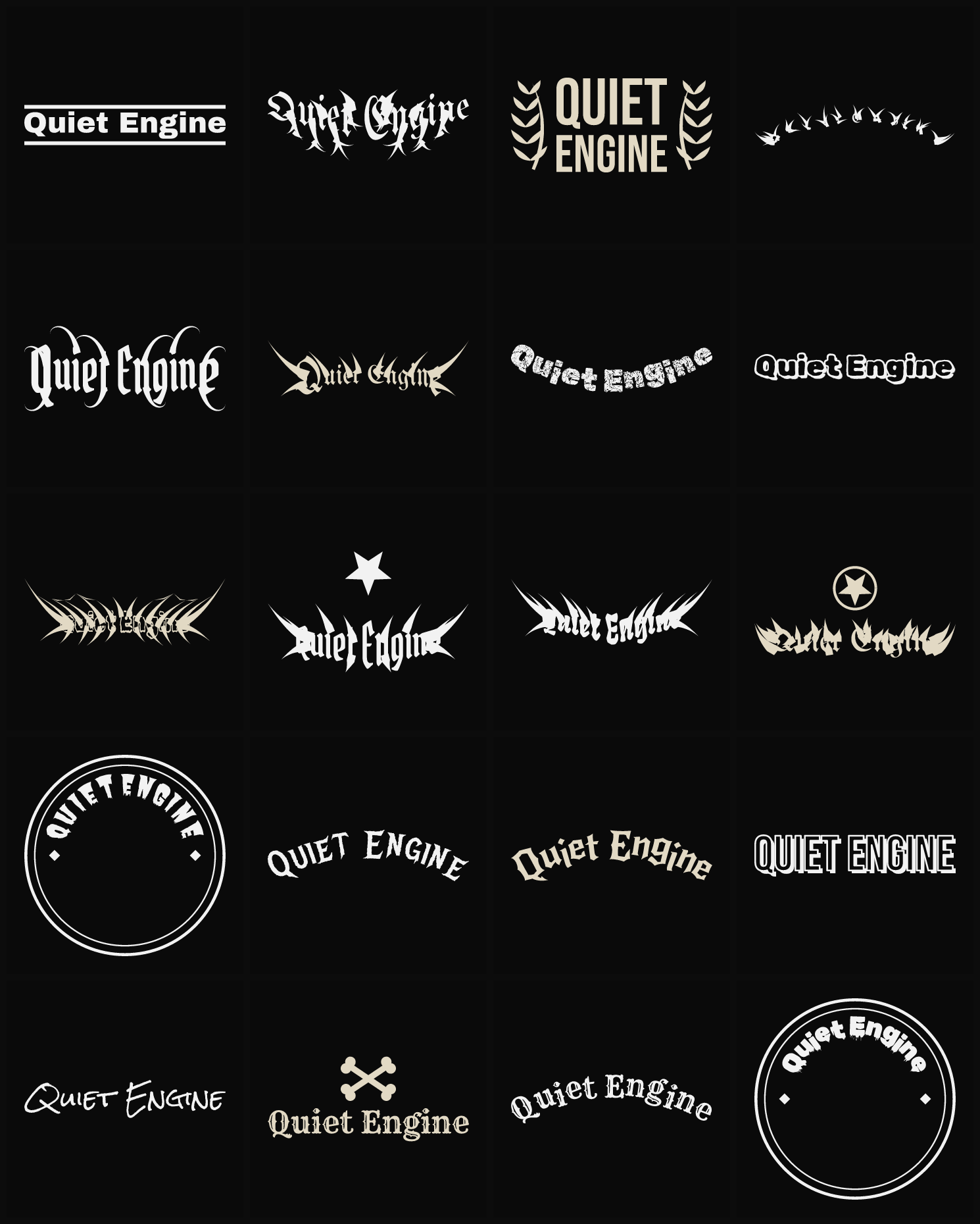 Twenty Quiet Engine band logo ideas — different faces, treatments and spike settings