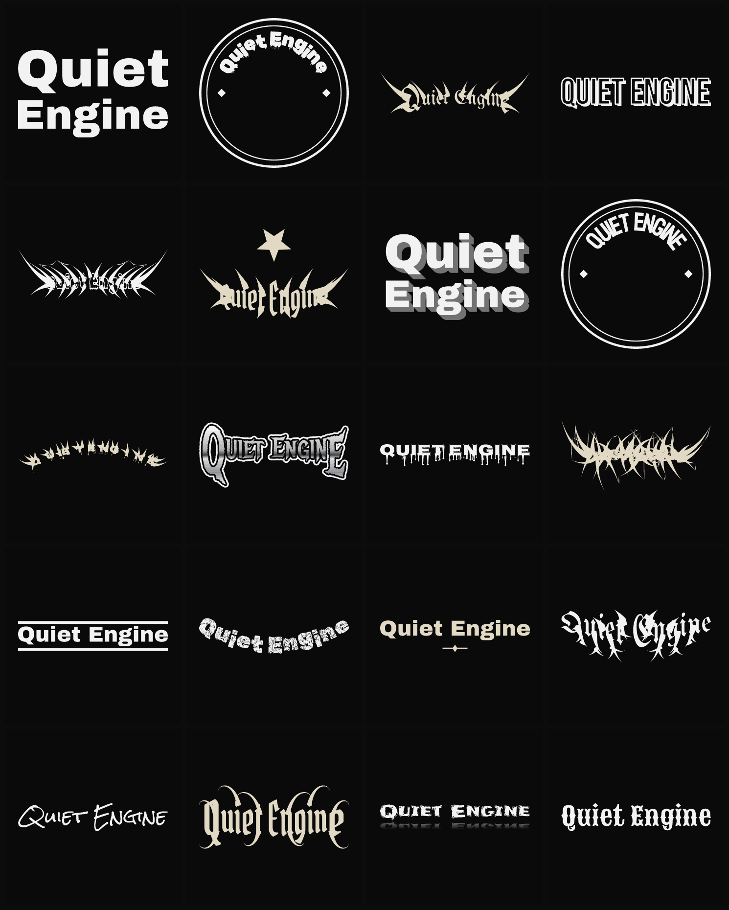 Twenty Quiet Engine band logo ideas — different faces, treatments and spike settings