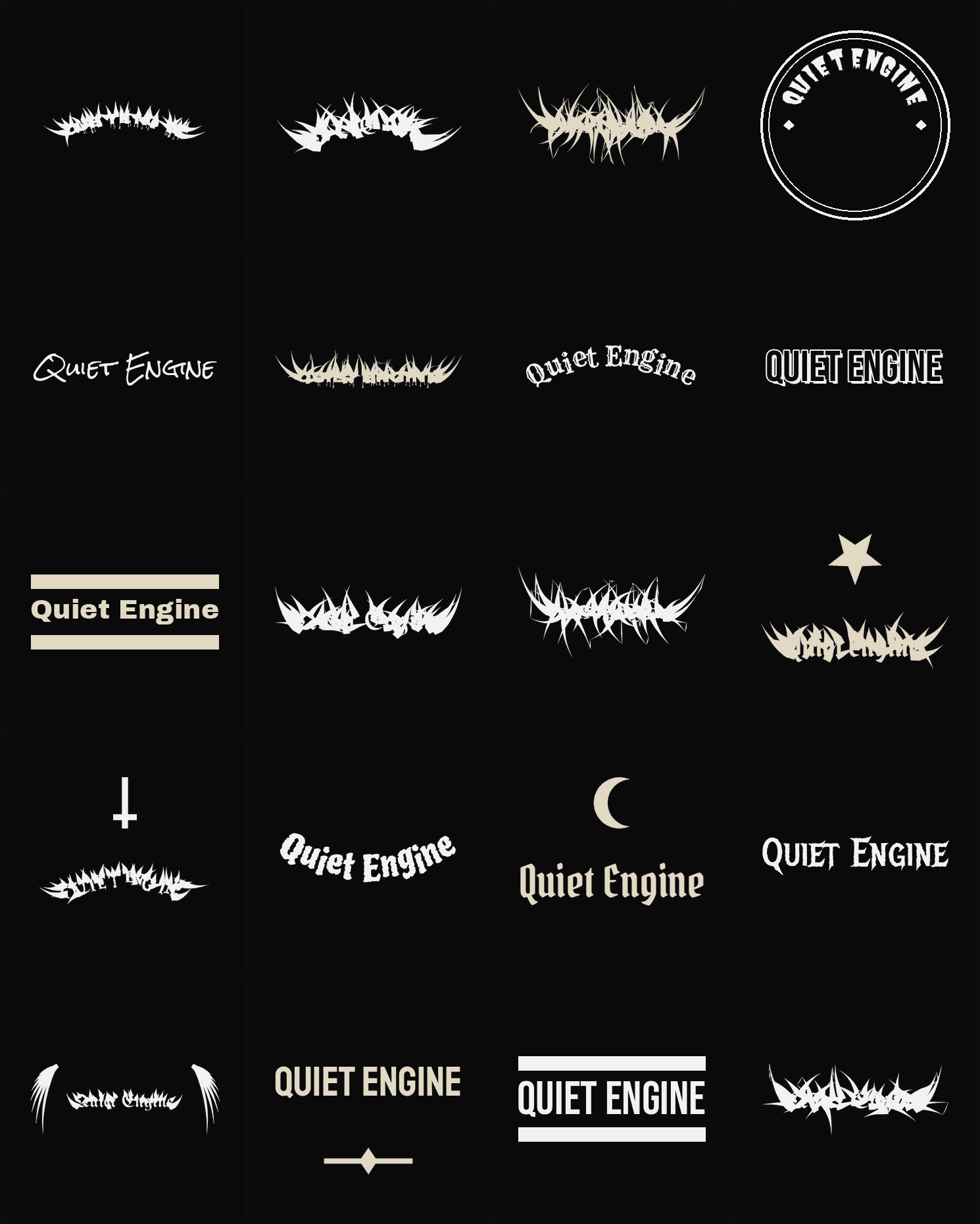 Twenty Quiet Engine band logo ideas — different faces, treatments and spike settings