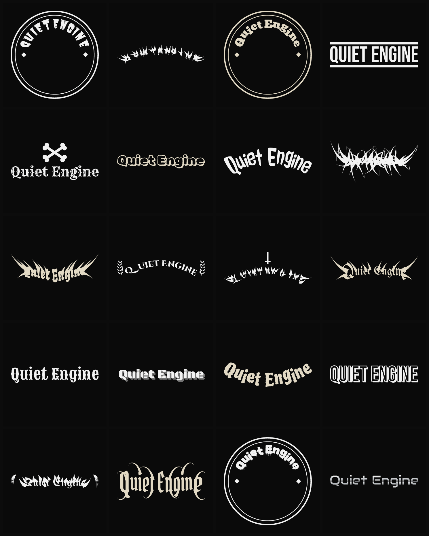 Twenty Quiet Engine band logo ideas — different faces, treatments and spike settings