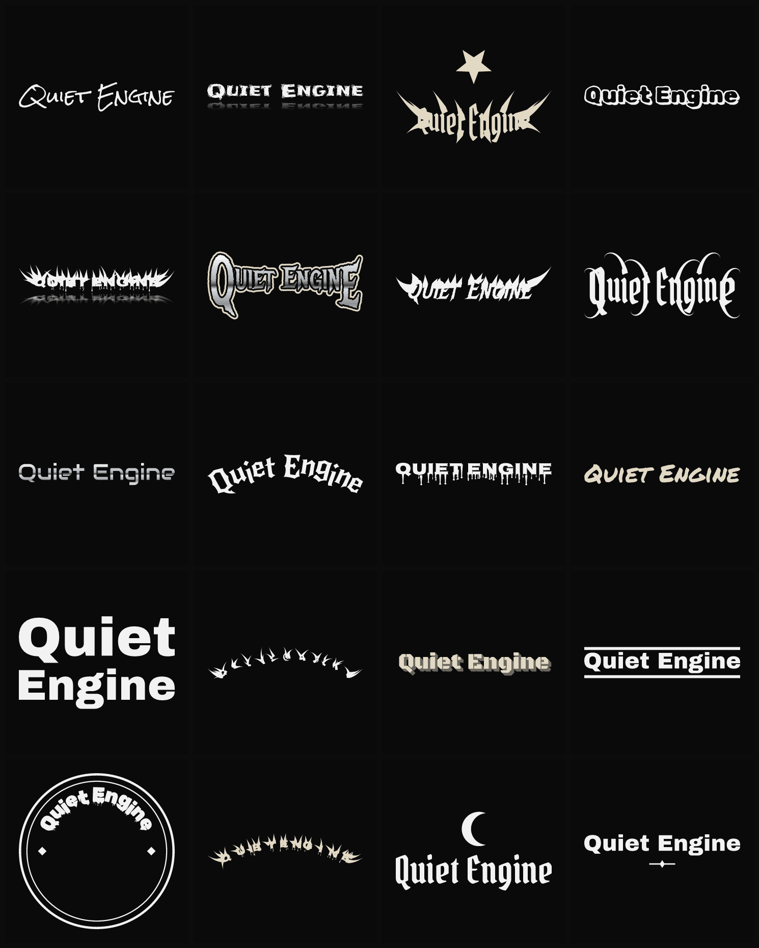 Twenty Quiet Engine band logo ideas — different faces, treatments and spike settings