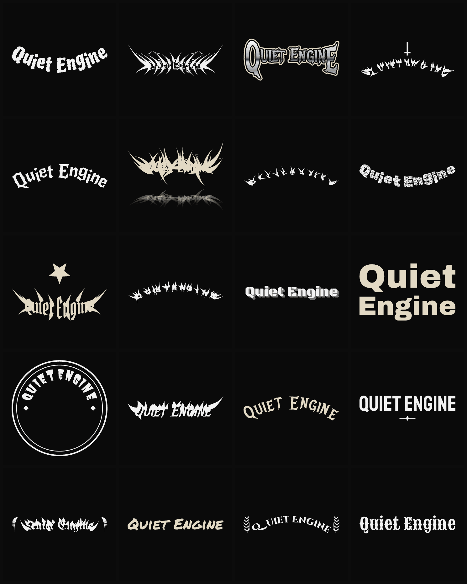 Twenty Quiet Engine band logo ideas — different faces, treatments and spike settings
