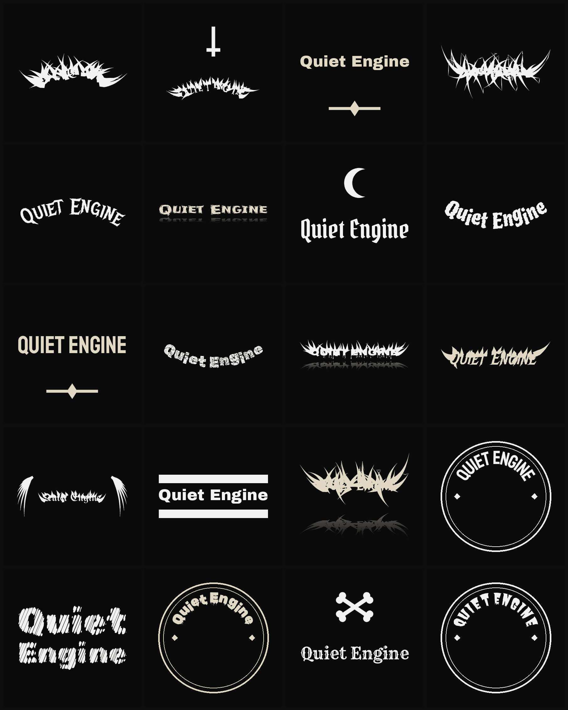 Twenty Quiet Engine band logo ideas — different faces, treatments and spike settings