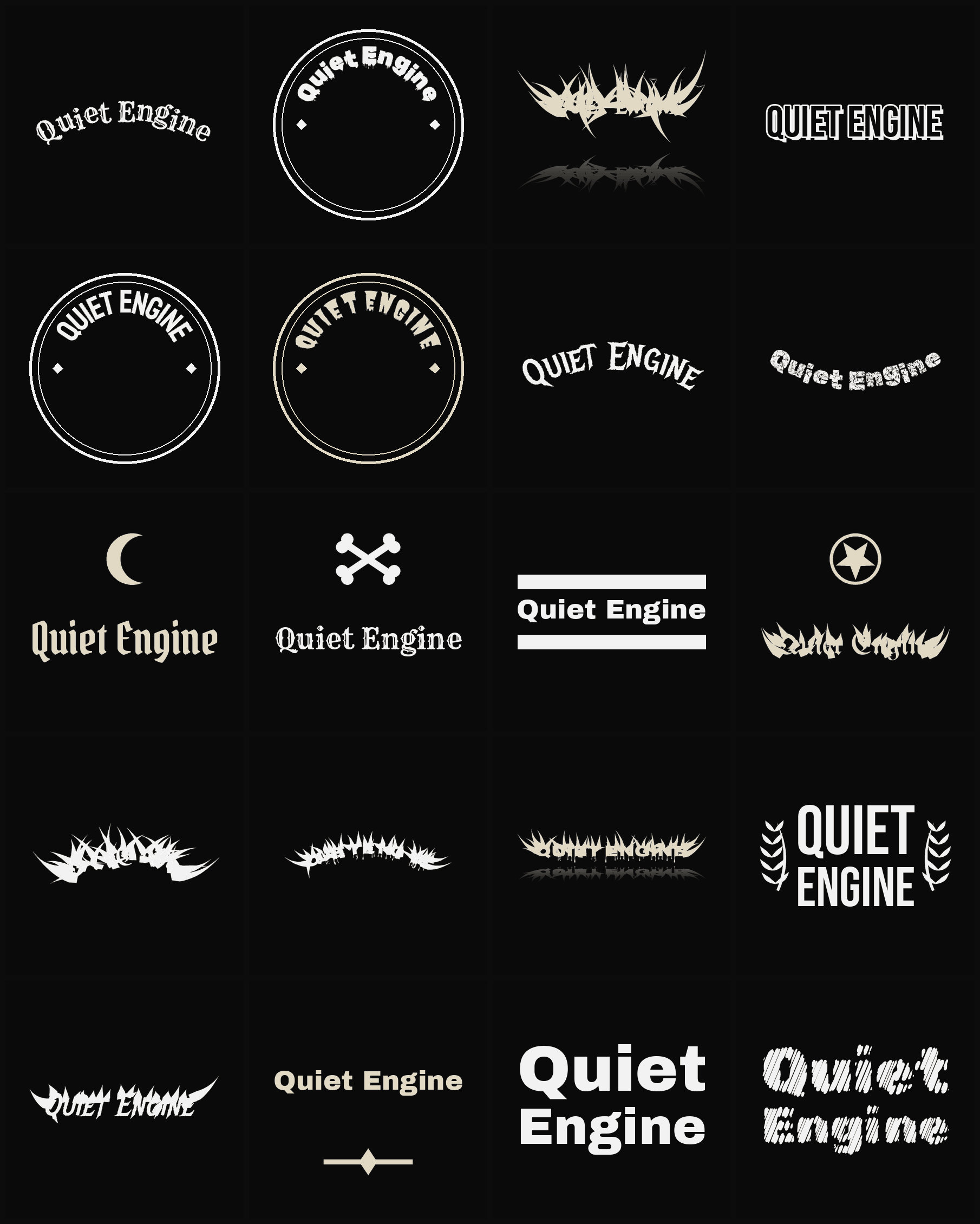 Twenty Quiet Engine band logo ideas — different faces, treatments and spike settings