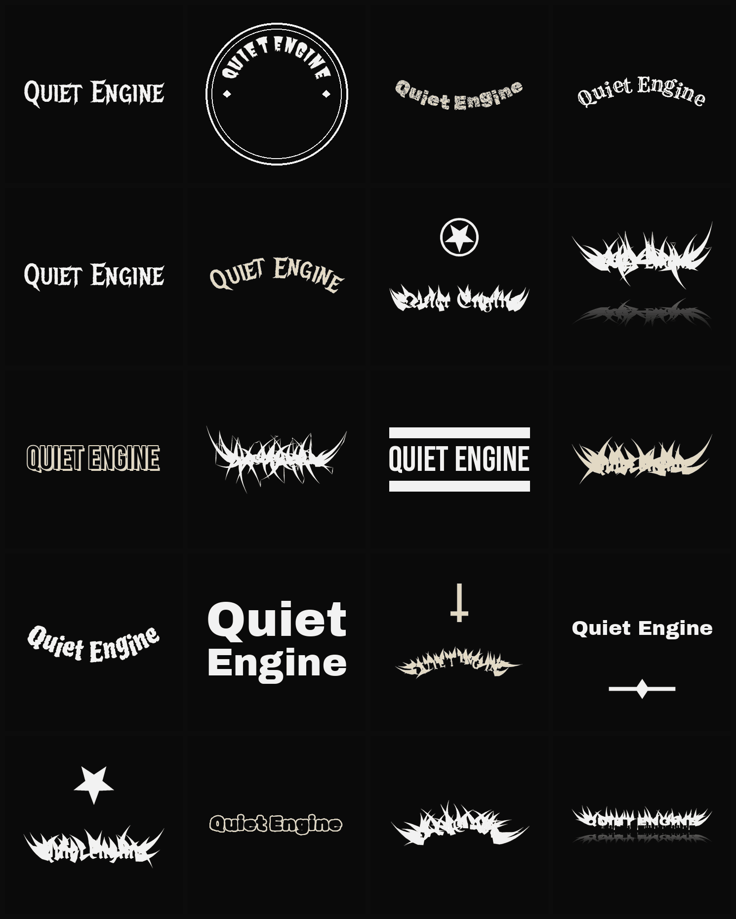 Twenty Quiet Engine band logo ideas — different faces, treatments and spike settings