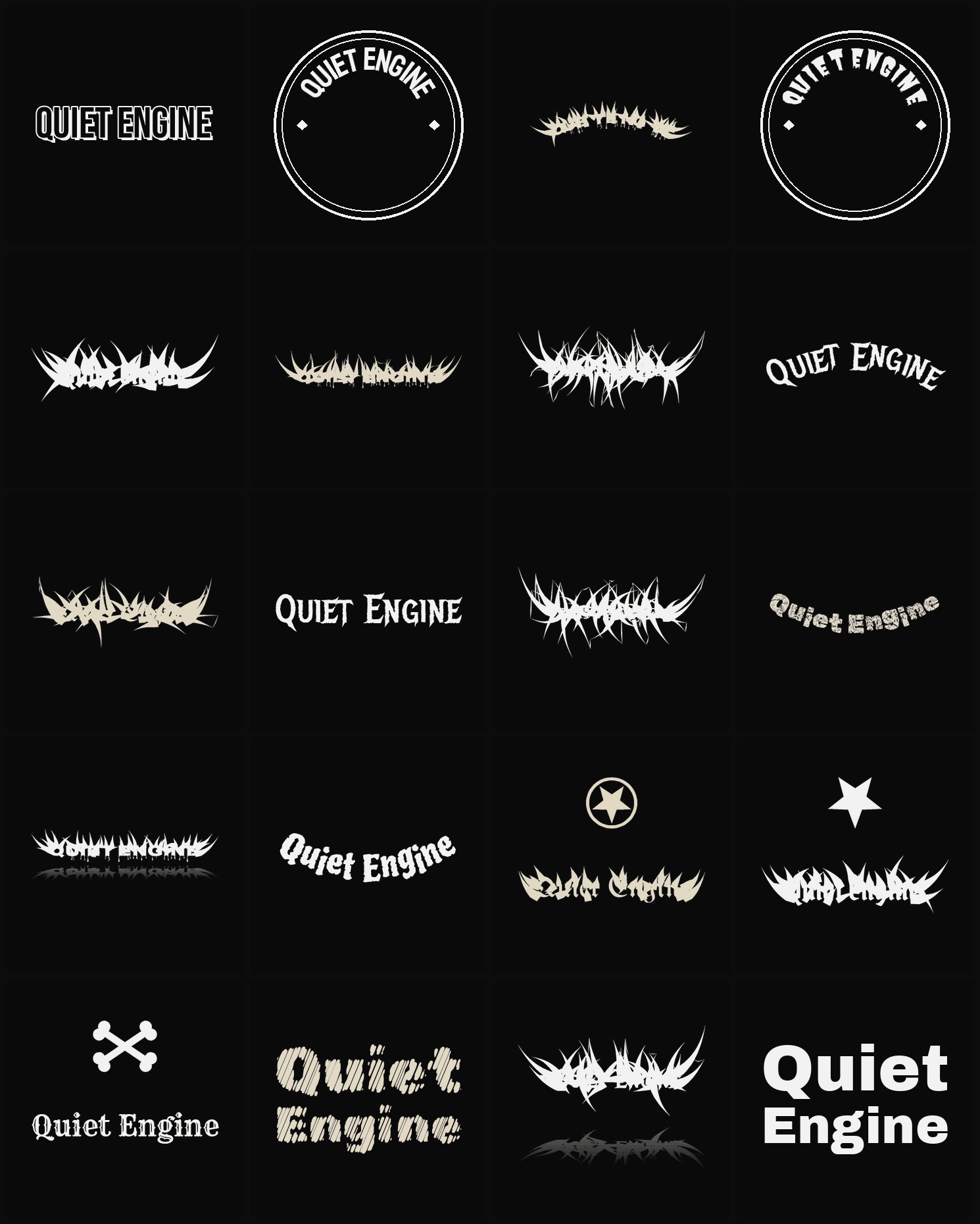 Twenty Quiet Engine band logo ideas — different faces, treatments and spike settings