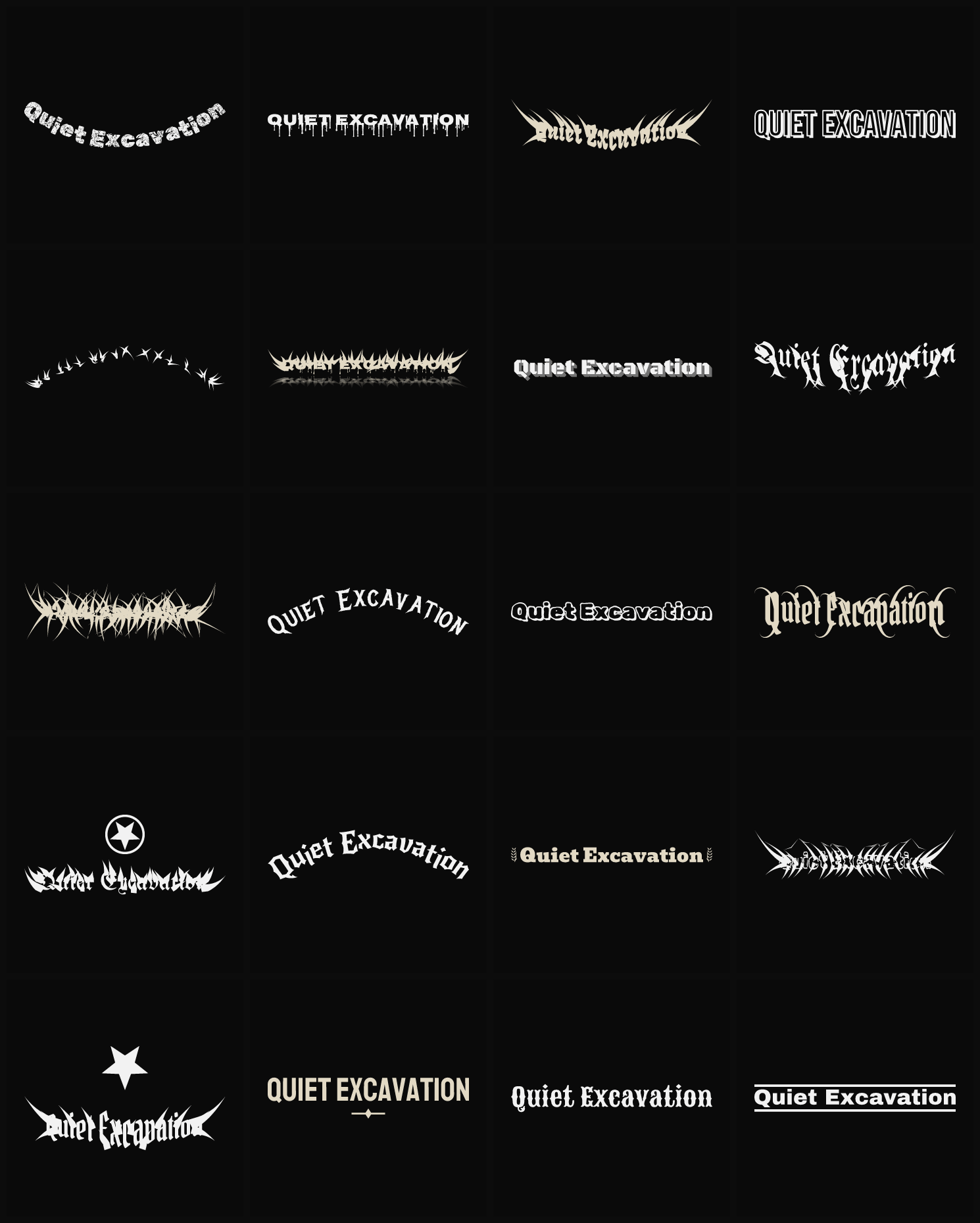 Twenty Quiet Excavation band logo ideas — different faces, treatments and spike settings