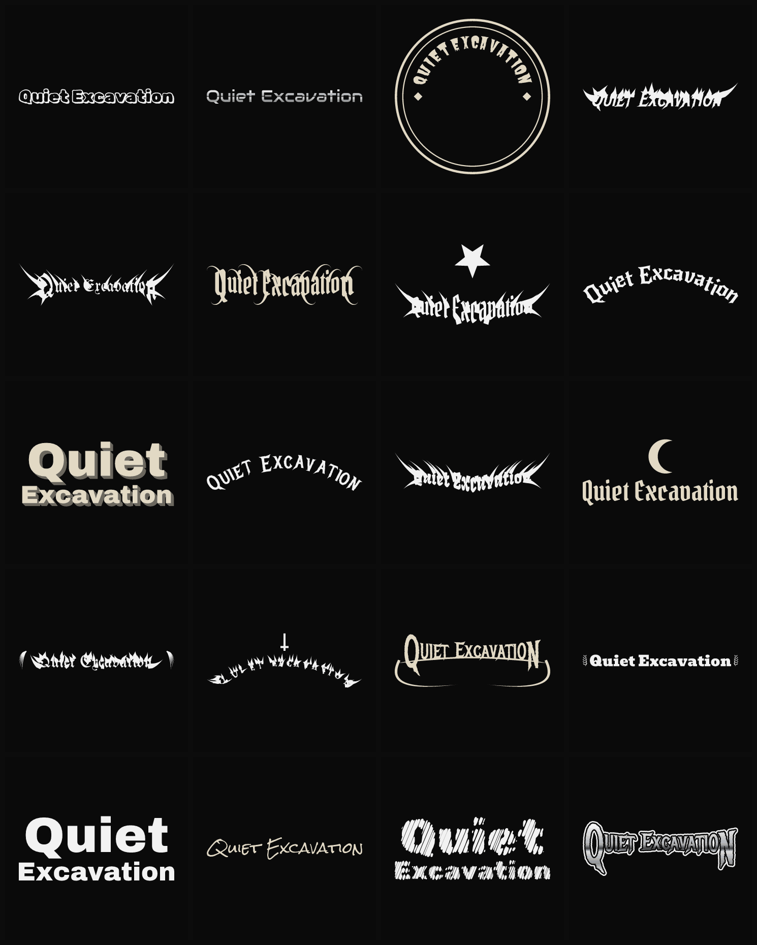Twenty Quiet Excavation band logo ideas — different faces, treatments and spike settings