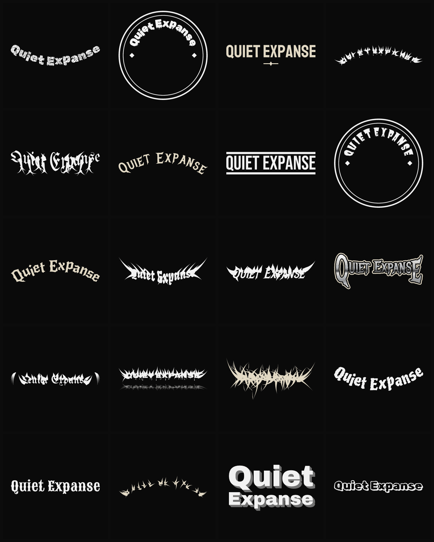 Twenty Quiet Expanse band logo ideas — different faces, treatments and spike settings