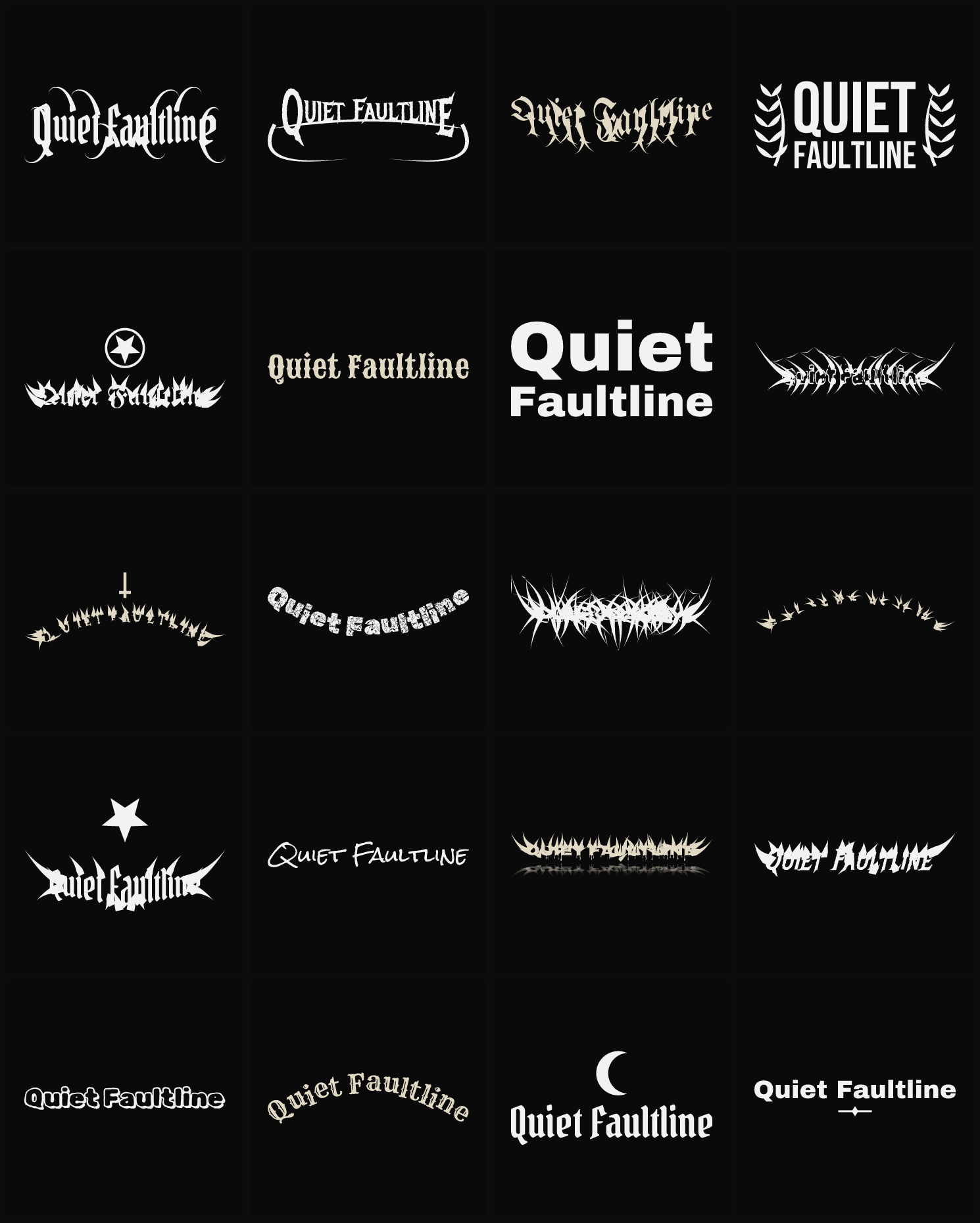 Twenty Quiet Faultline band logo ideas — different faces, treatments and spike settings