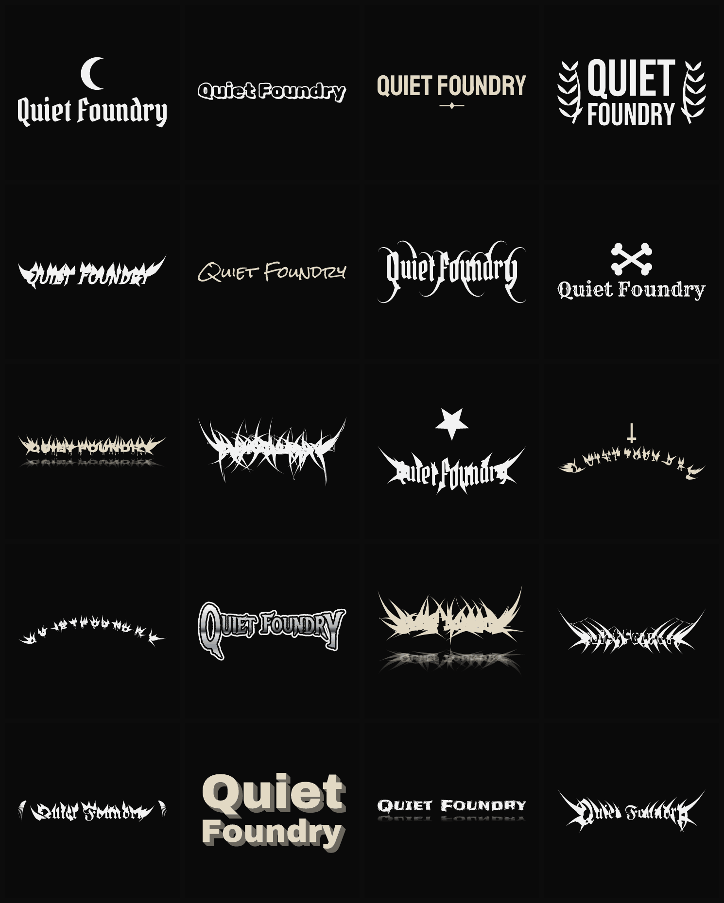 Twenty Quiet Foundry band logo ideas — different faces, treatments and spike settings