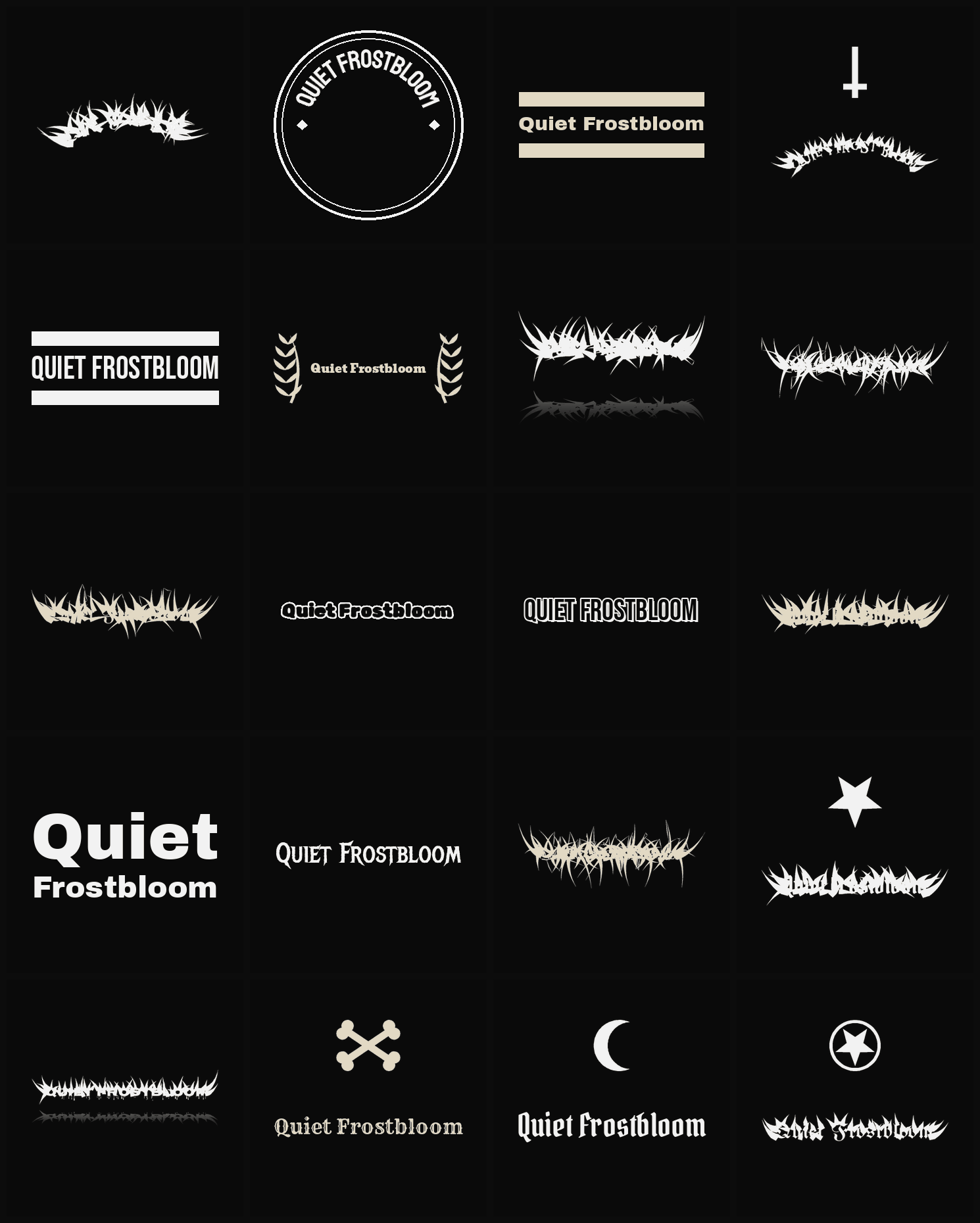 Twenty Quiet Frostbloom band logo ideas — different faces, treatments and spike settings