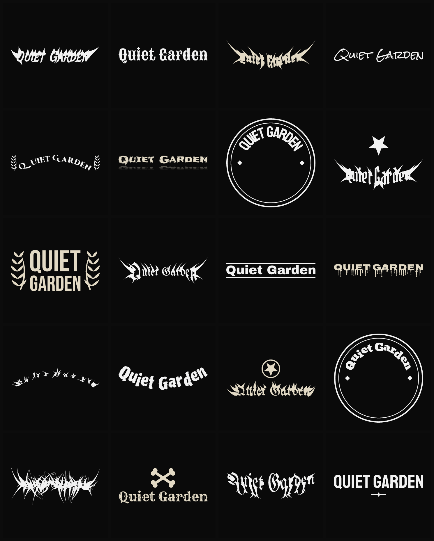 Twenty Quiet Garden band logo ideas — different faces, treatments and spike settings