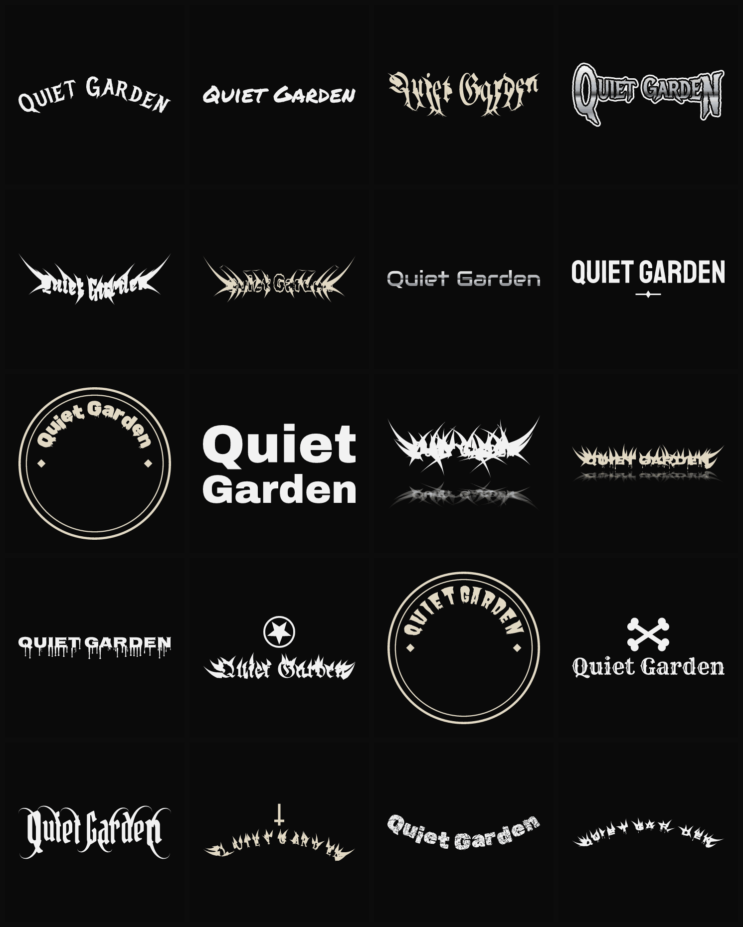 Twenty Quiet Garden band logo ideas — different faces, treatments and spike settings