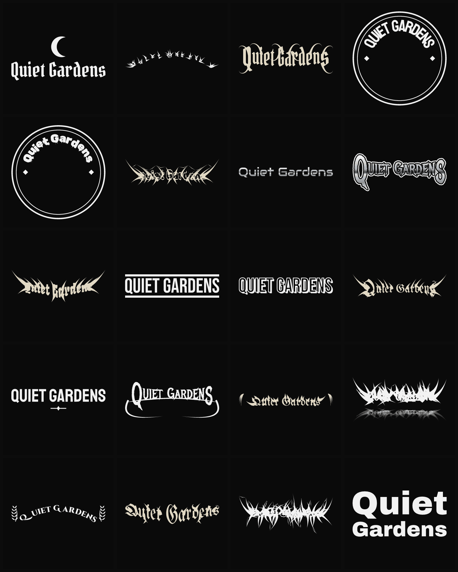 Twenty Quiet Gardens band logo ideas — different faces, treatments and spike settings