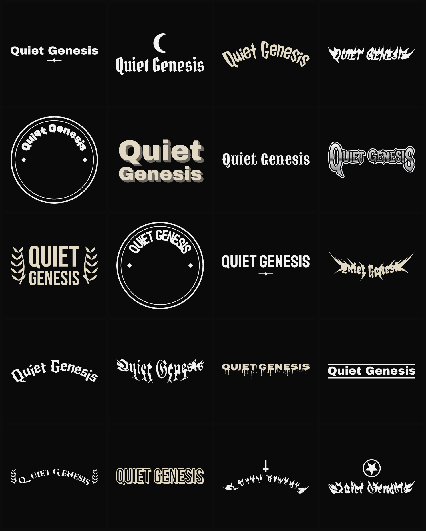Twenty Quiet Genesis band logo ideas — different faces, treatments and spike settings