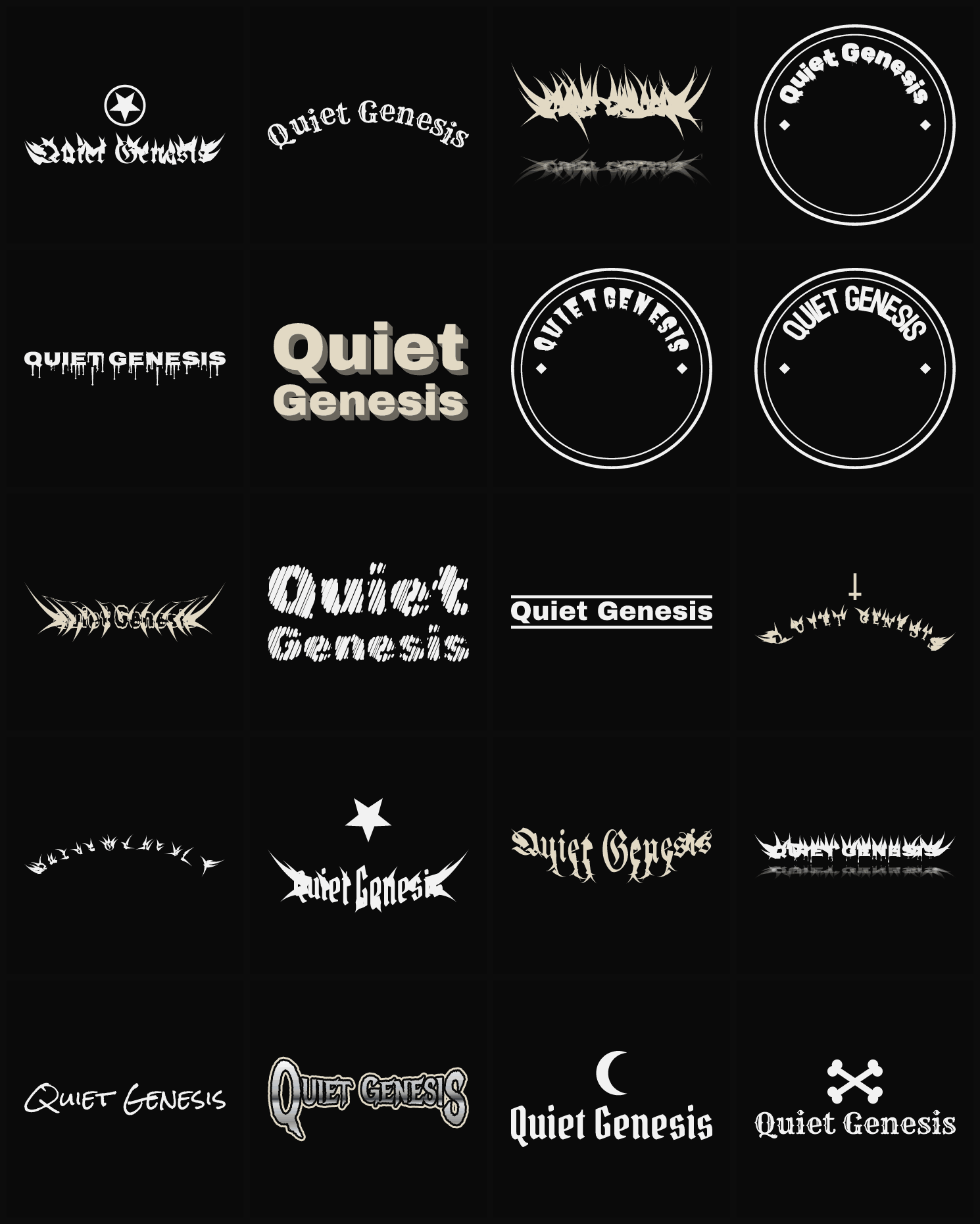 Twenty Quiet Genesis band logo ideas — different faces, treatments and spike settings
