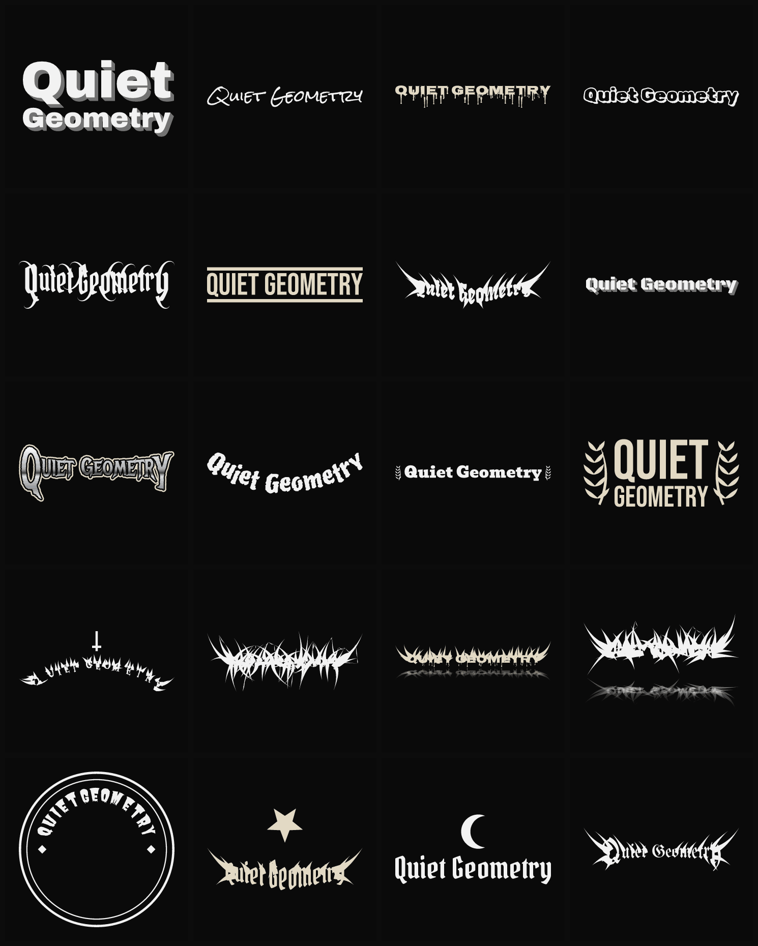 Twenty Quiet Geometry band logo ideas — different faces, treatments and spike settings