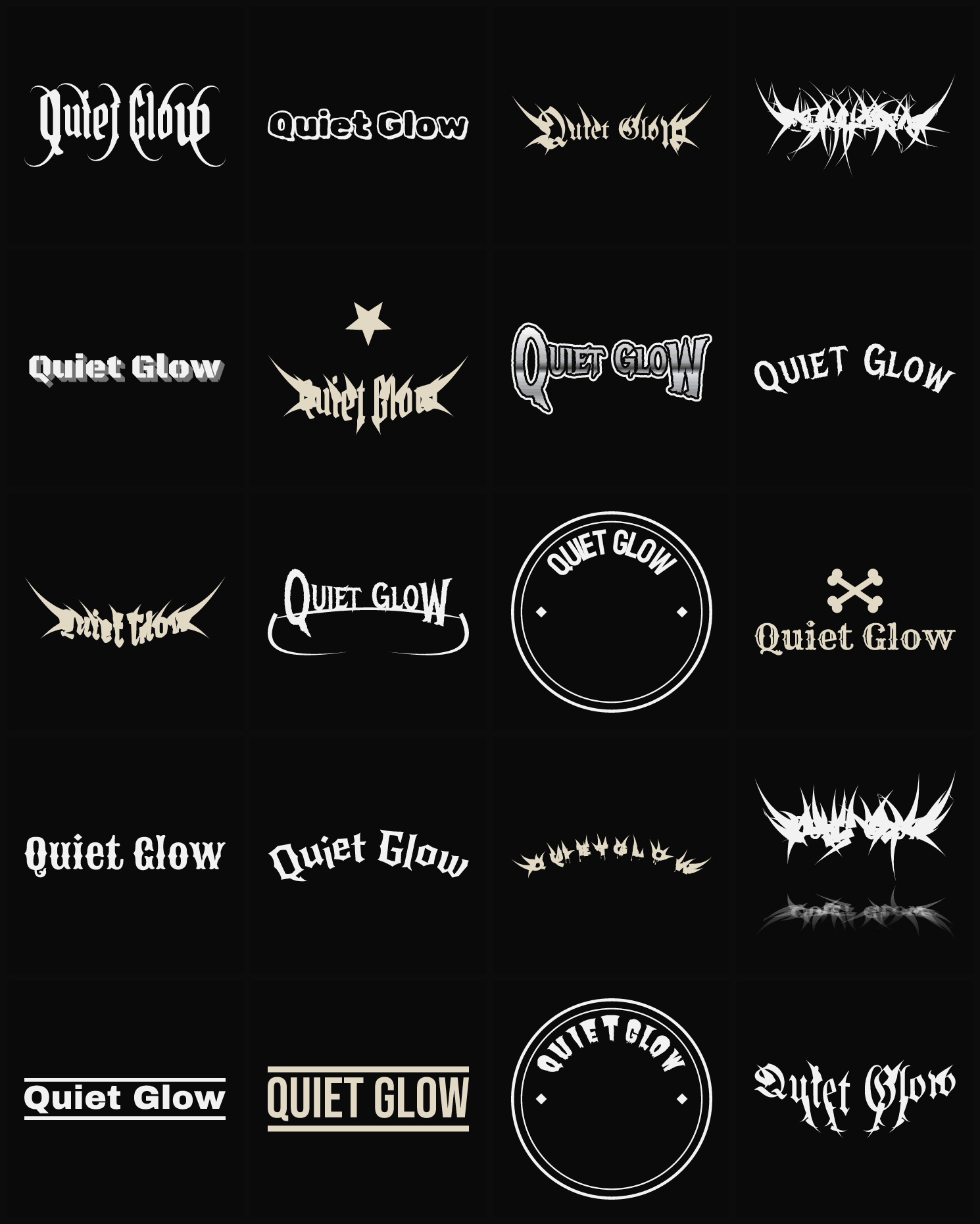 Twenty Quiet Glow band logo ideas — different faces, treatments and spike settings