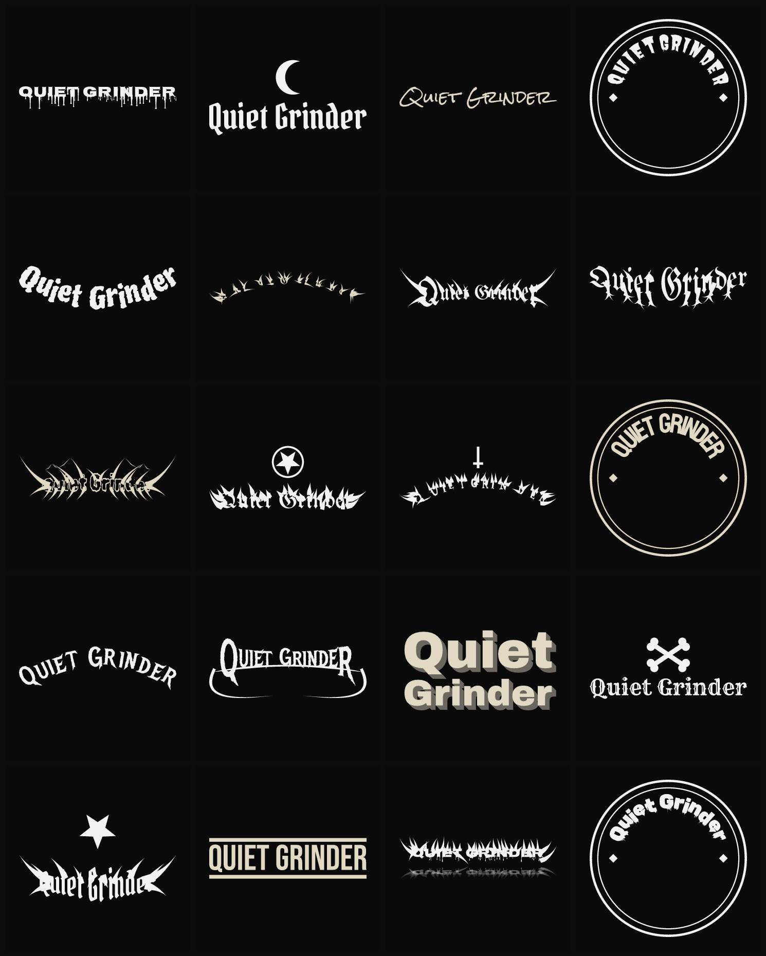 Twenty Quiet Grinder band logo ideas — different faces, treatments and spike settings