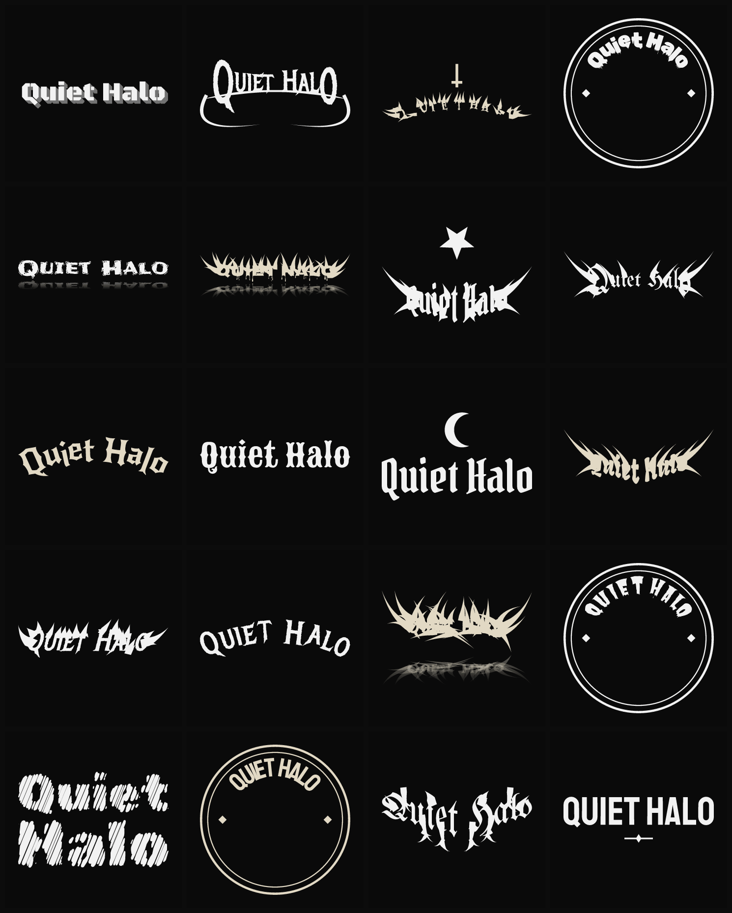 Twenty Quiet Halo band logo ideas — different faces, treatments and spike settings