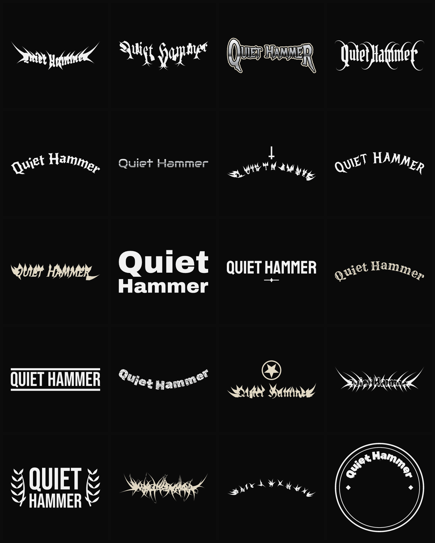 Twenty Quiet Hammer band logo ideas — different faces, treatments and spike settings