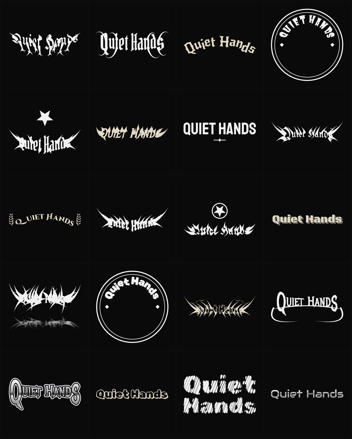 Twenty Quiet Hands band logo ideas — different faces, treatments and spike settings