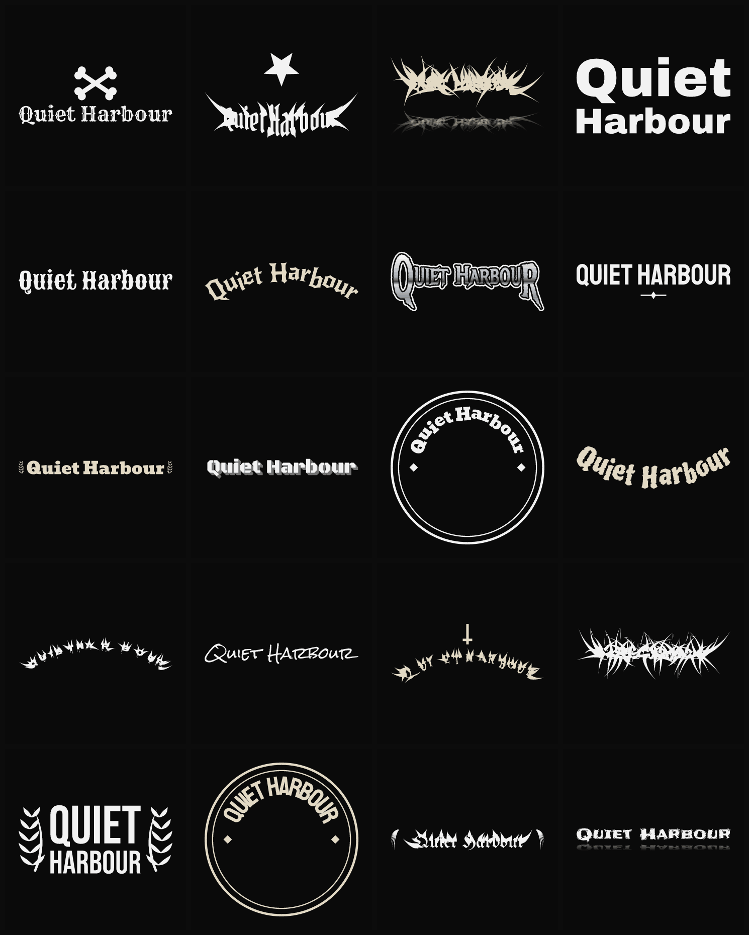 Twenty Quiet Harbour band logo ideas — different faces, treatments and spike settings