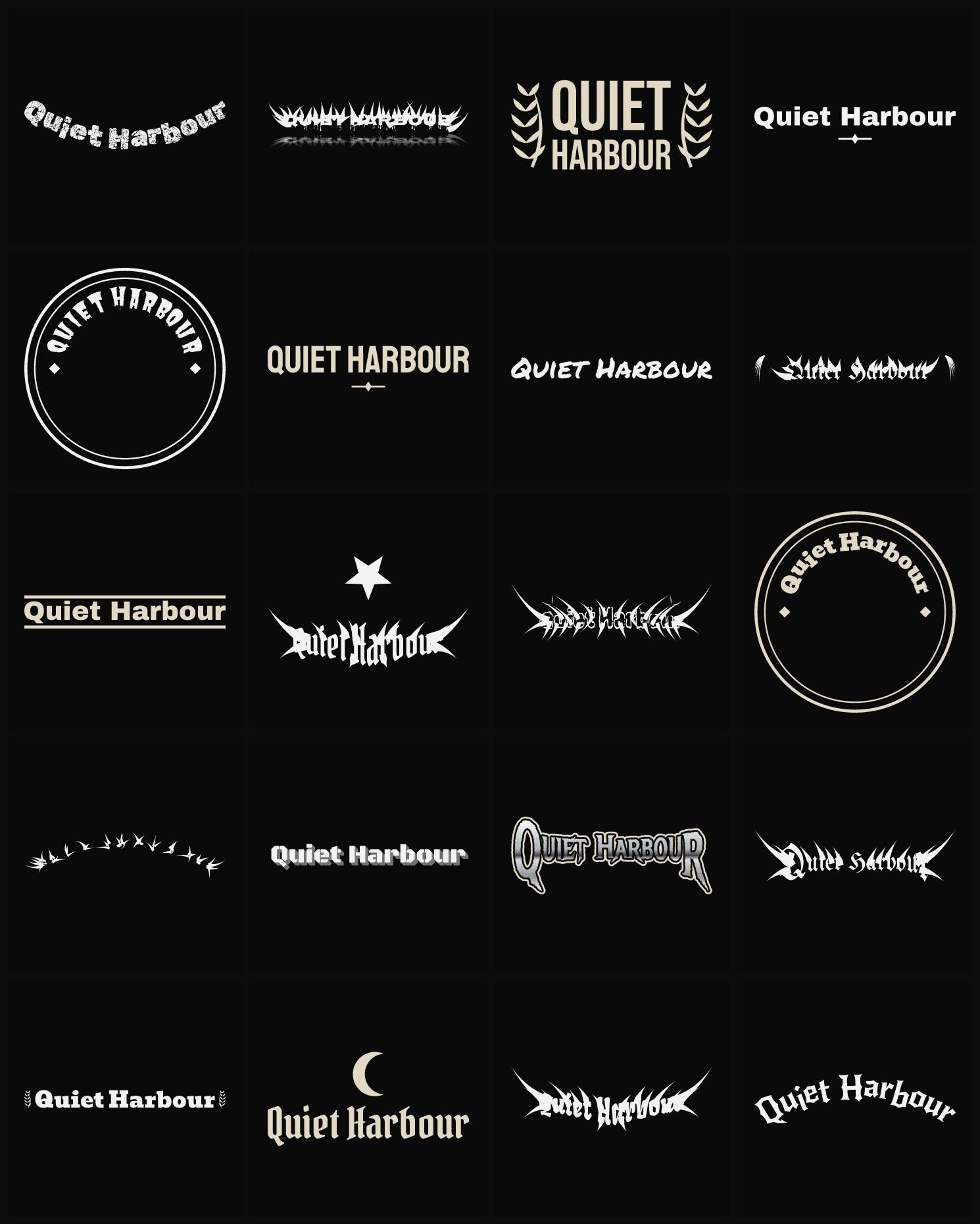 Twenty Quiet Harbour band logo ideas — different faces, treatments and spike settings