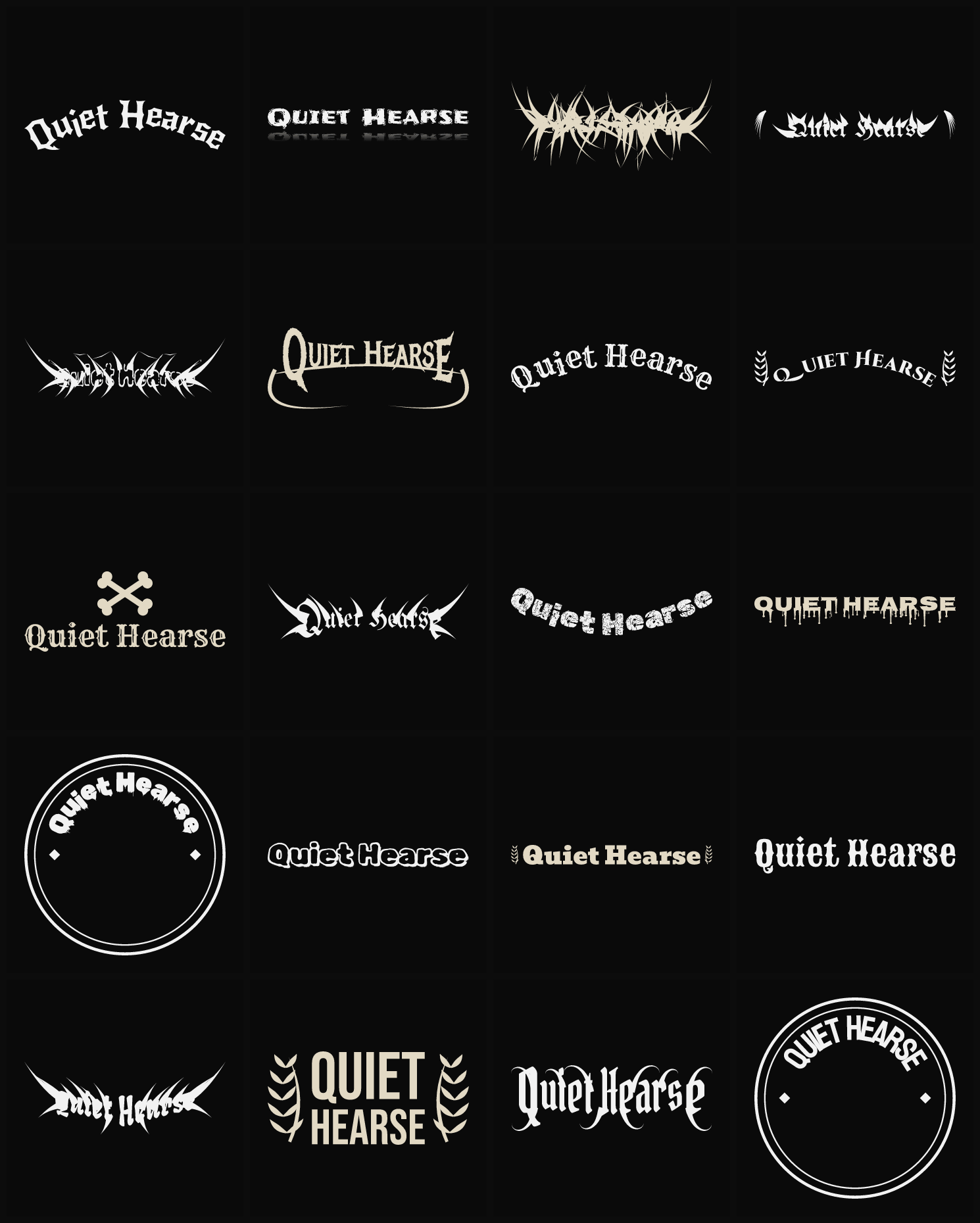 Twenty Quiet Hearse band logo ideas — different faces, treatments and spike settings