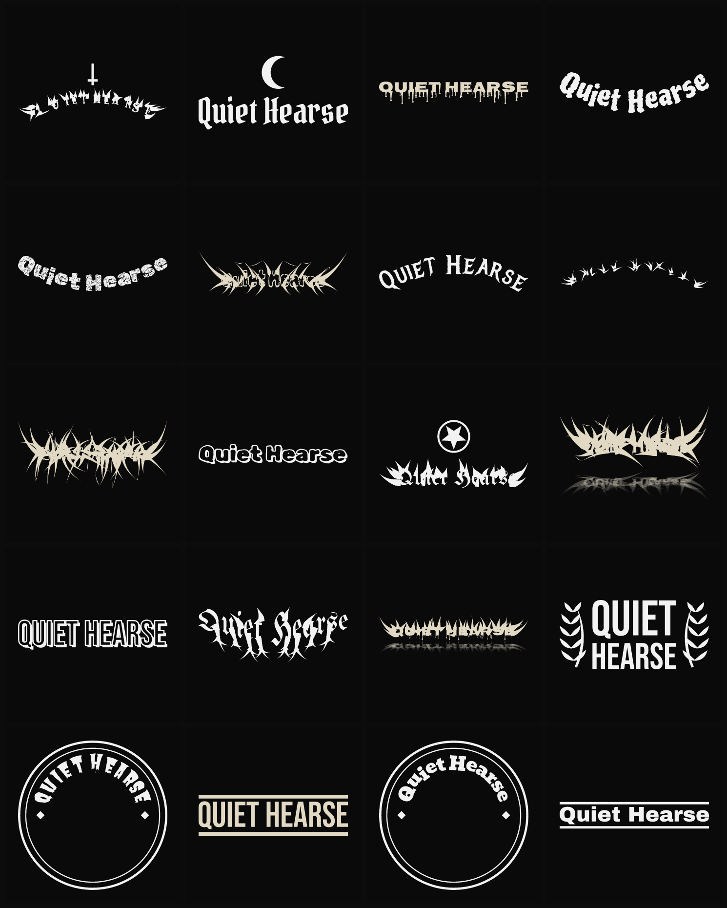 Twenty Quiet Hearse band logo ideas — different faces, treatments and spike settings