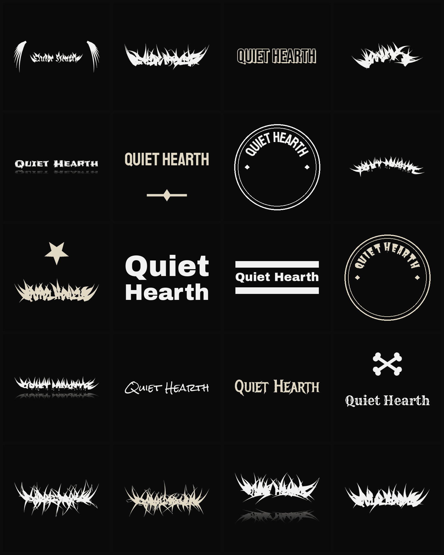 Twenty Quiet Hearth band logo ideas — different faces, treatments and spike settings