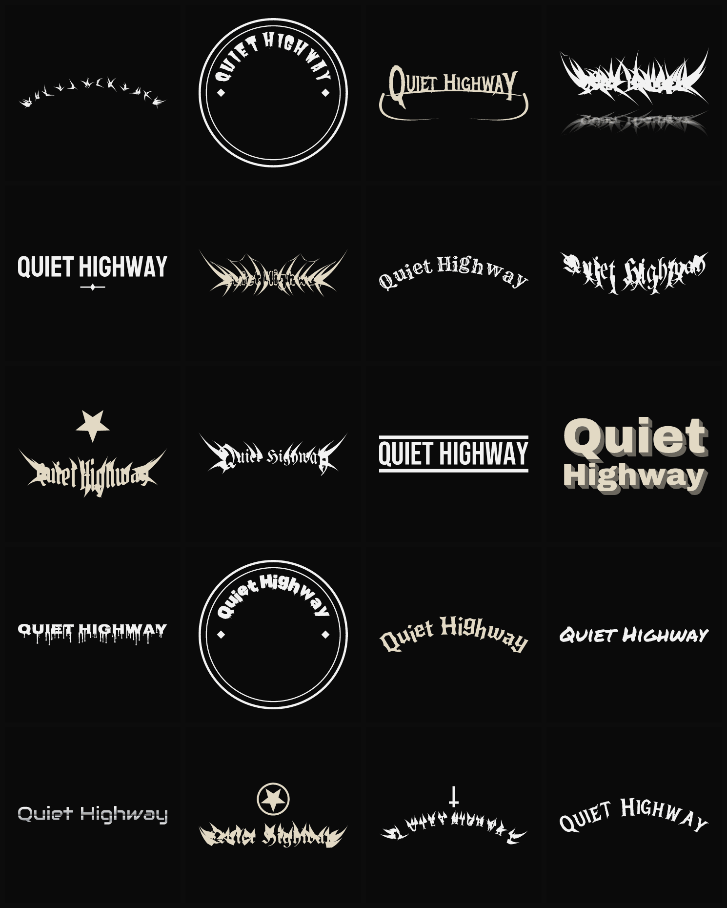 Twenty Quiet Highway band logo ideas — different faces, treatments and spike settings
