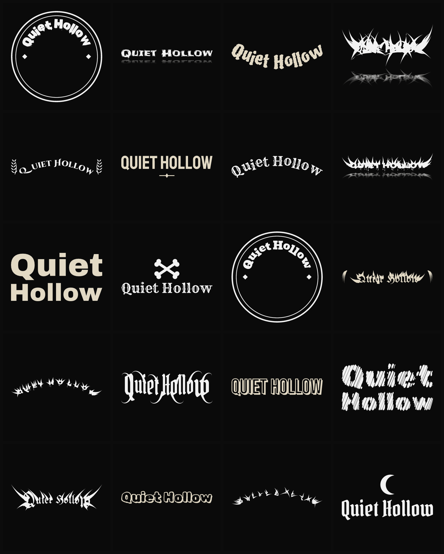 Twenty Quiet Hollow band logo ideas — different faces, treatments and spike settings