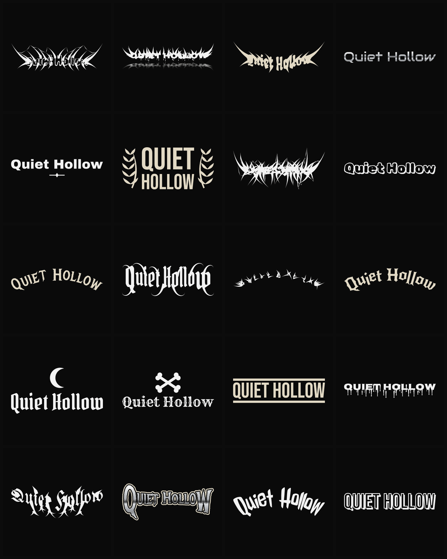 Twenty Quiet Hollow band logo ideas — different faces, treatments and spike settings