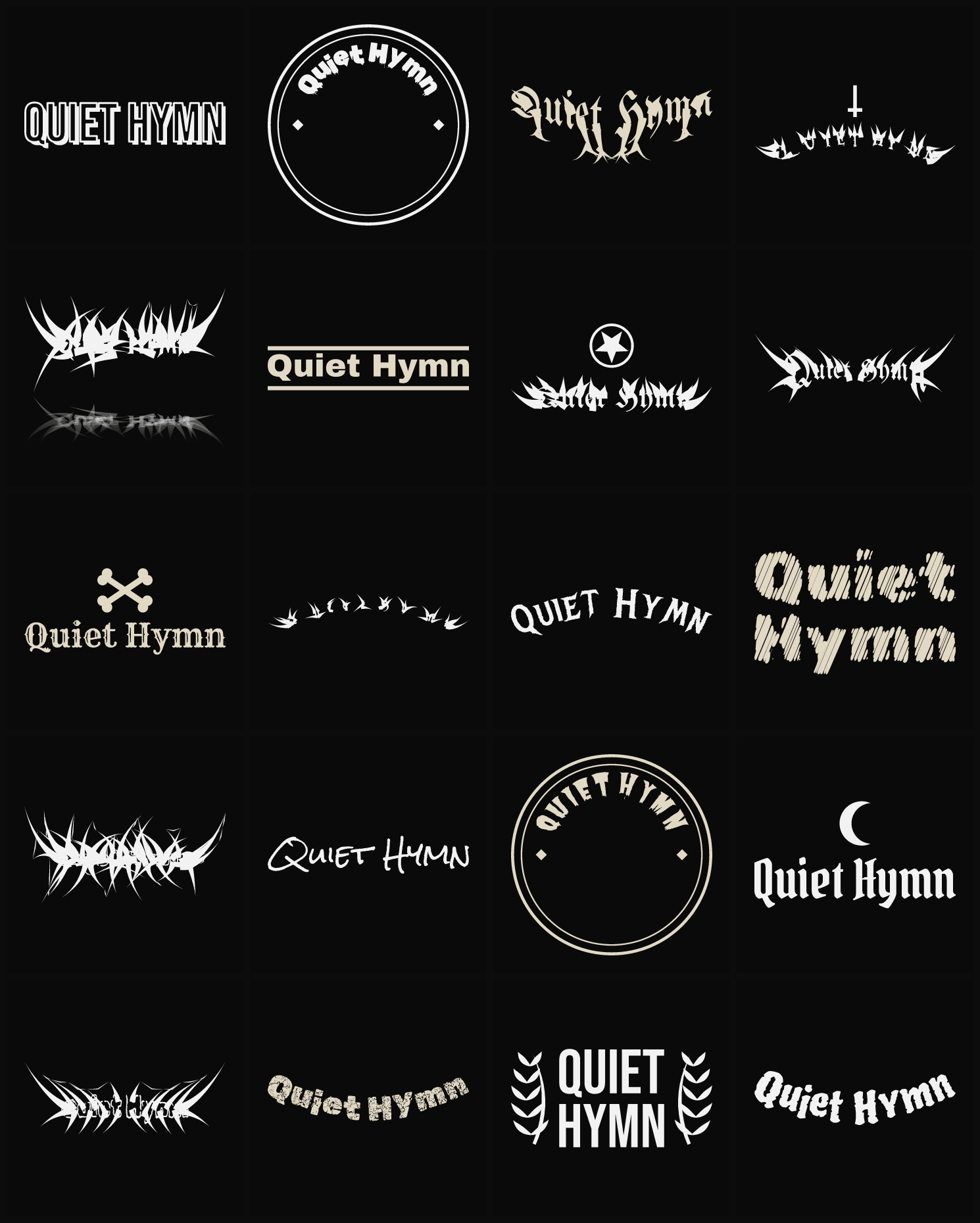 Twenty Quiet Hymn band logo ideas — different faces, treatments and spike settings