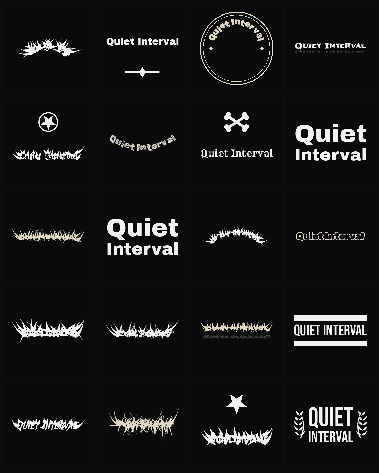 Twenty Quiet Interval band logo ideas — different faces, treatments and spike settings