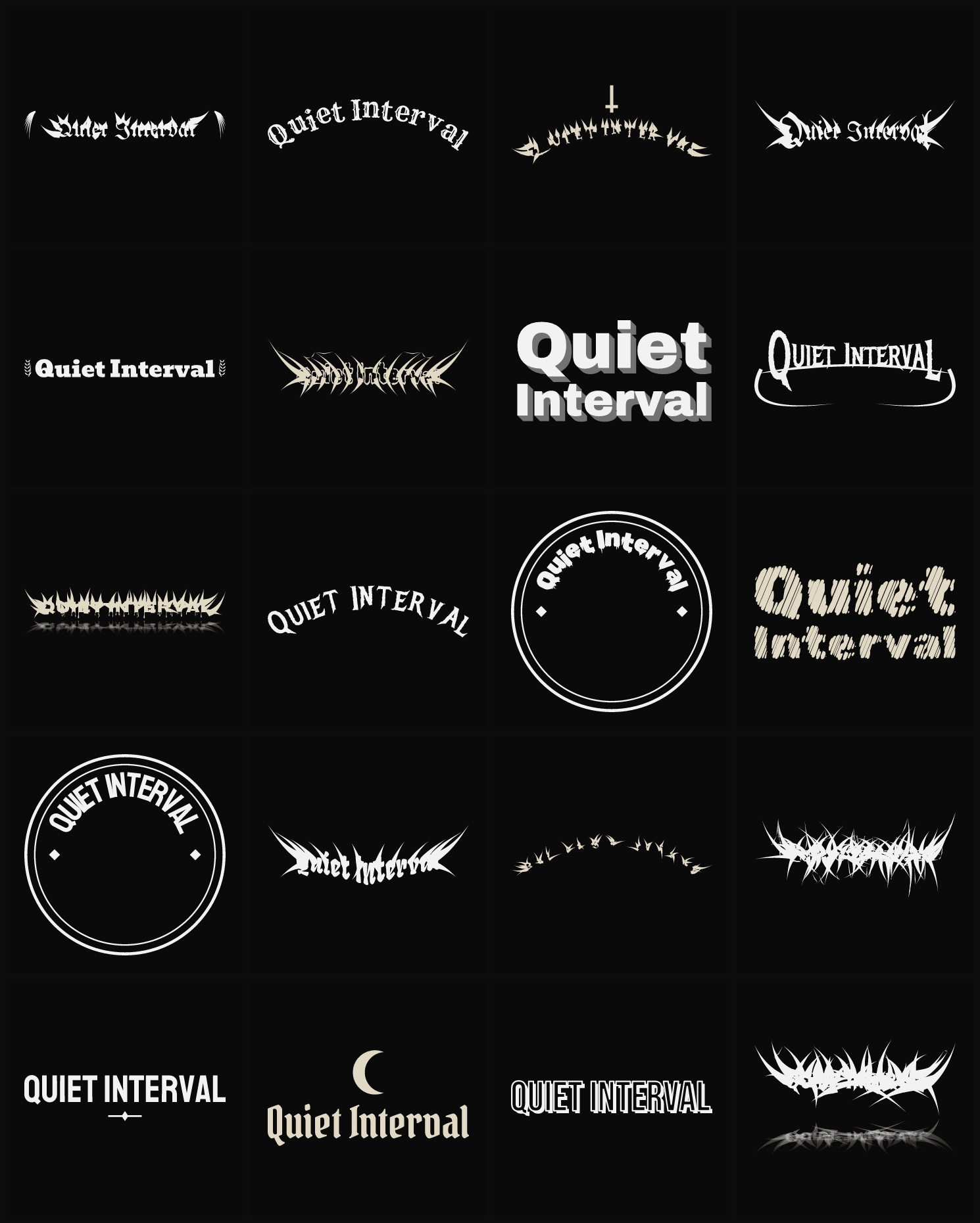 Twenty Quiet Interval band logo ideas — different faces, treatments and spike settings
