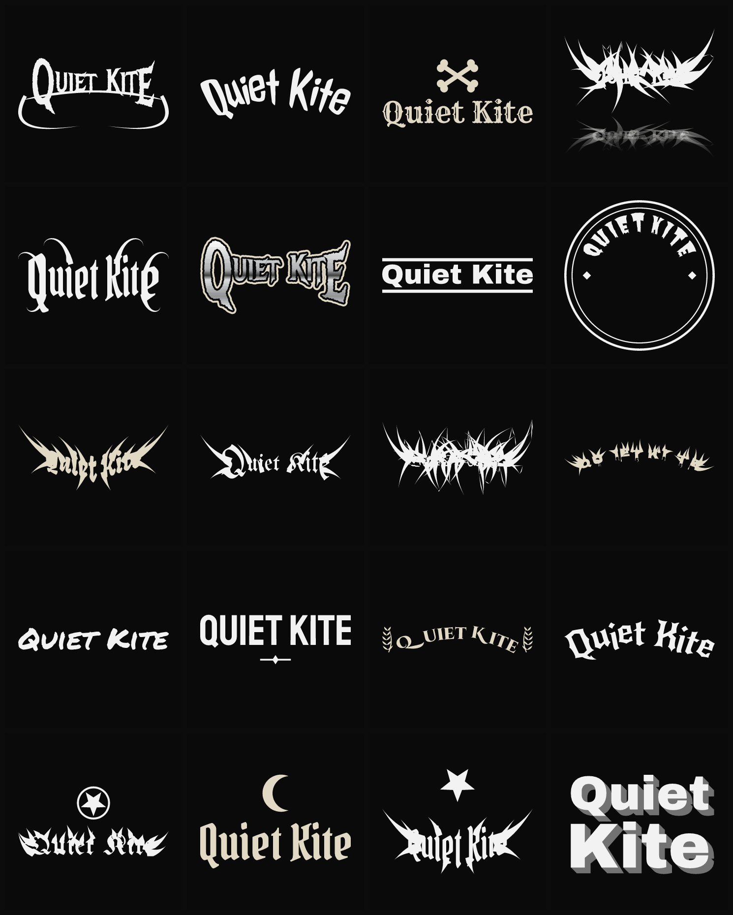 Twenty Quiet Kite band logo ideas — different faces, treatments and spike settings